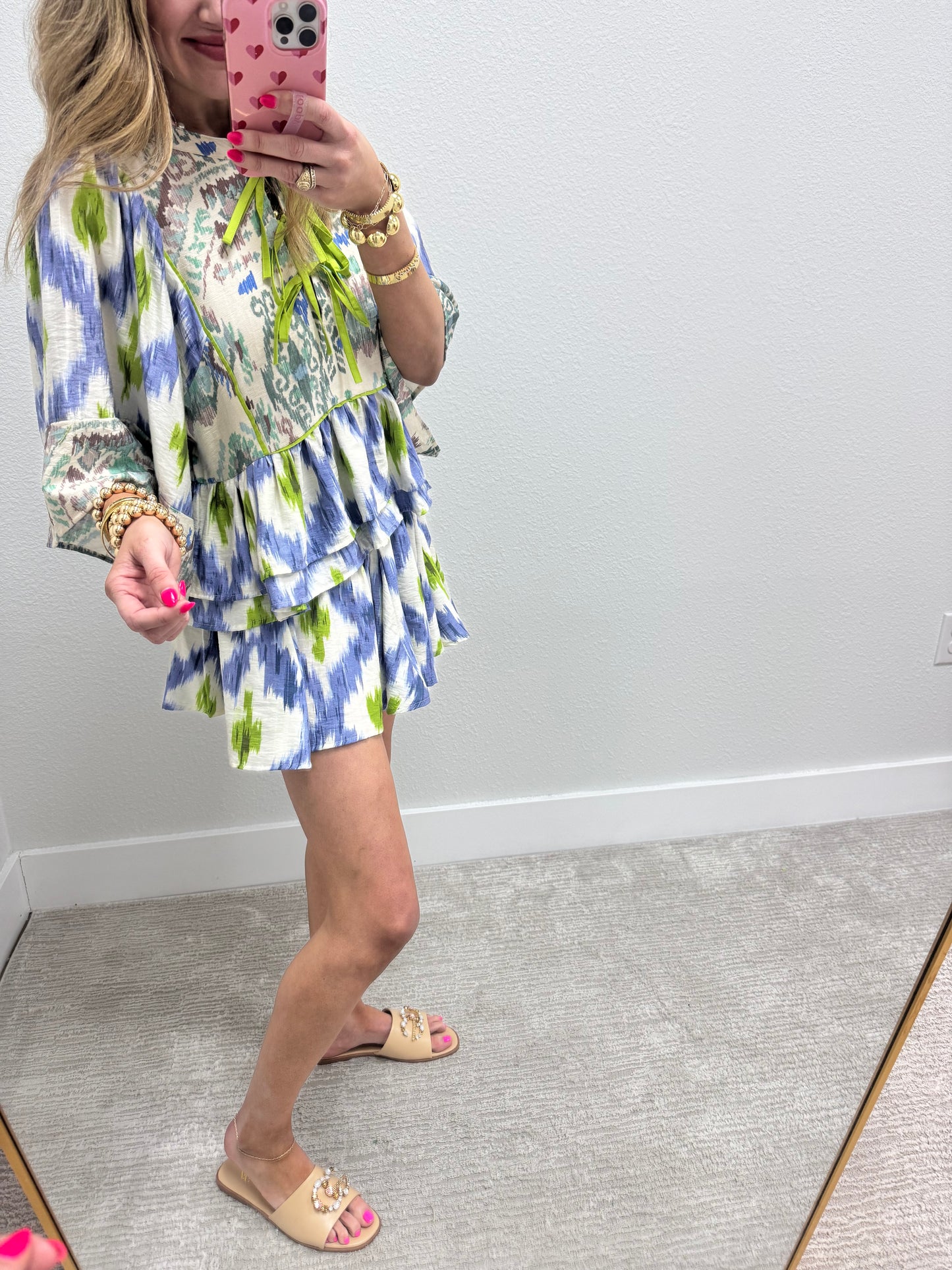 Blue and Green Front Tie Two Piece Short Set
