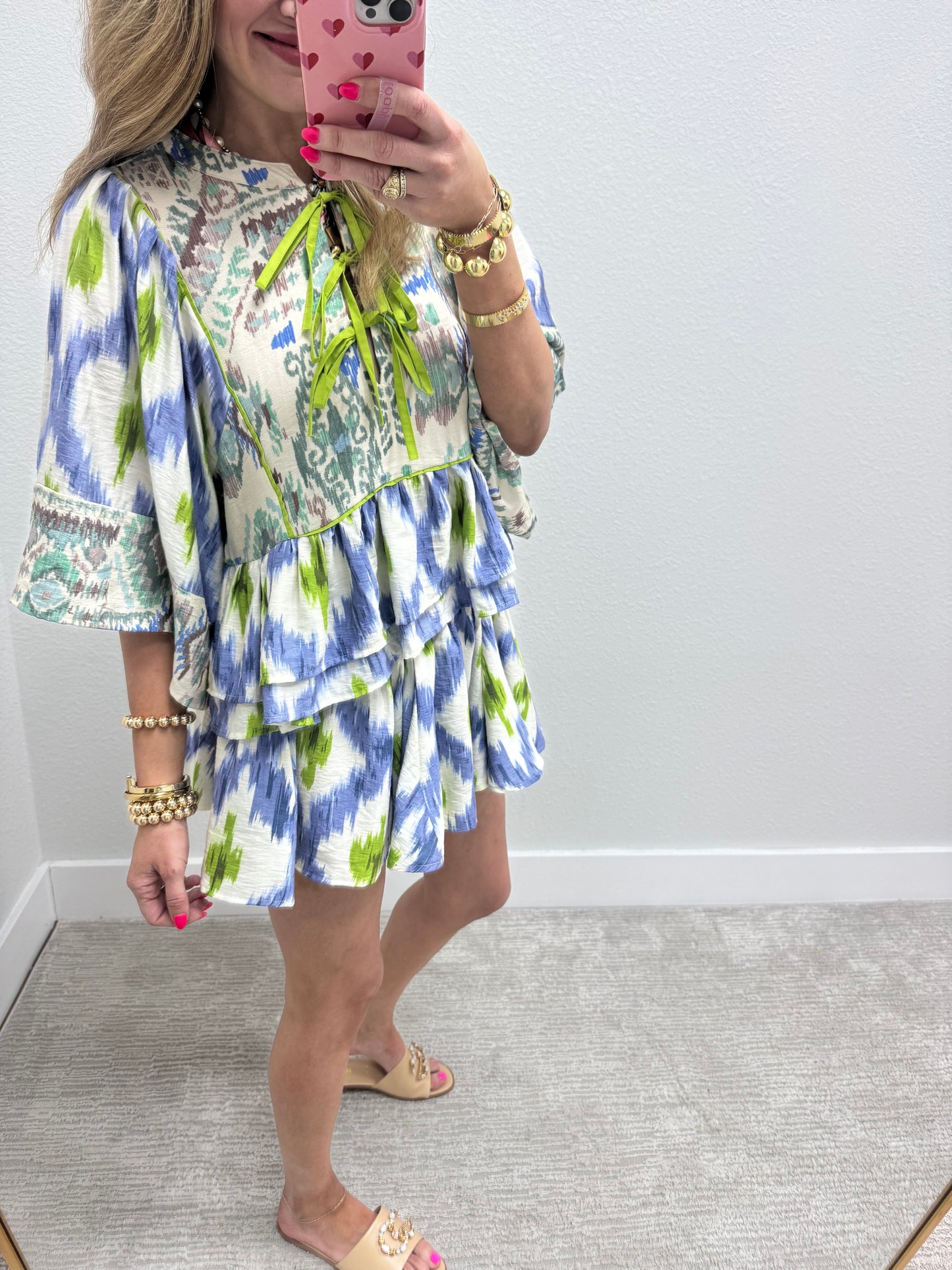 Blue and Green Front Tie Two Piece Short Set