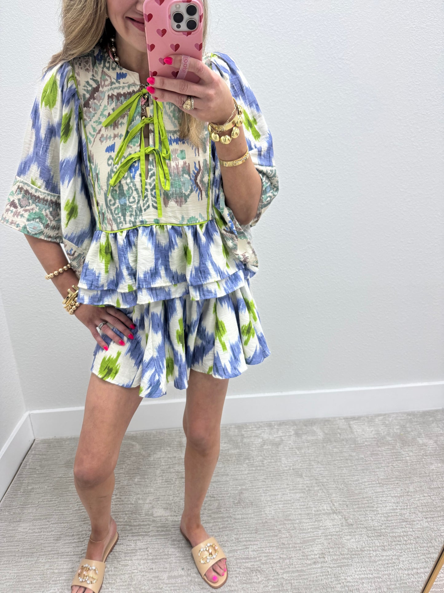 Blue and Green Front Tie Two Piece Short Set
