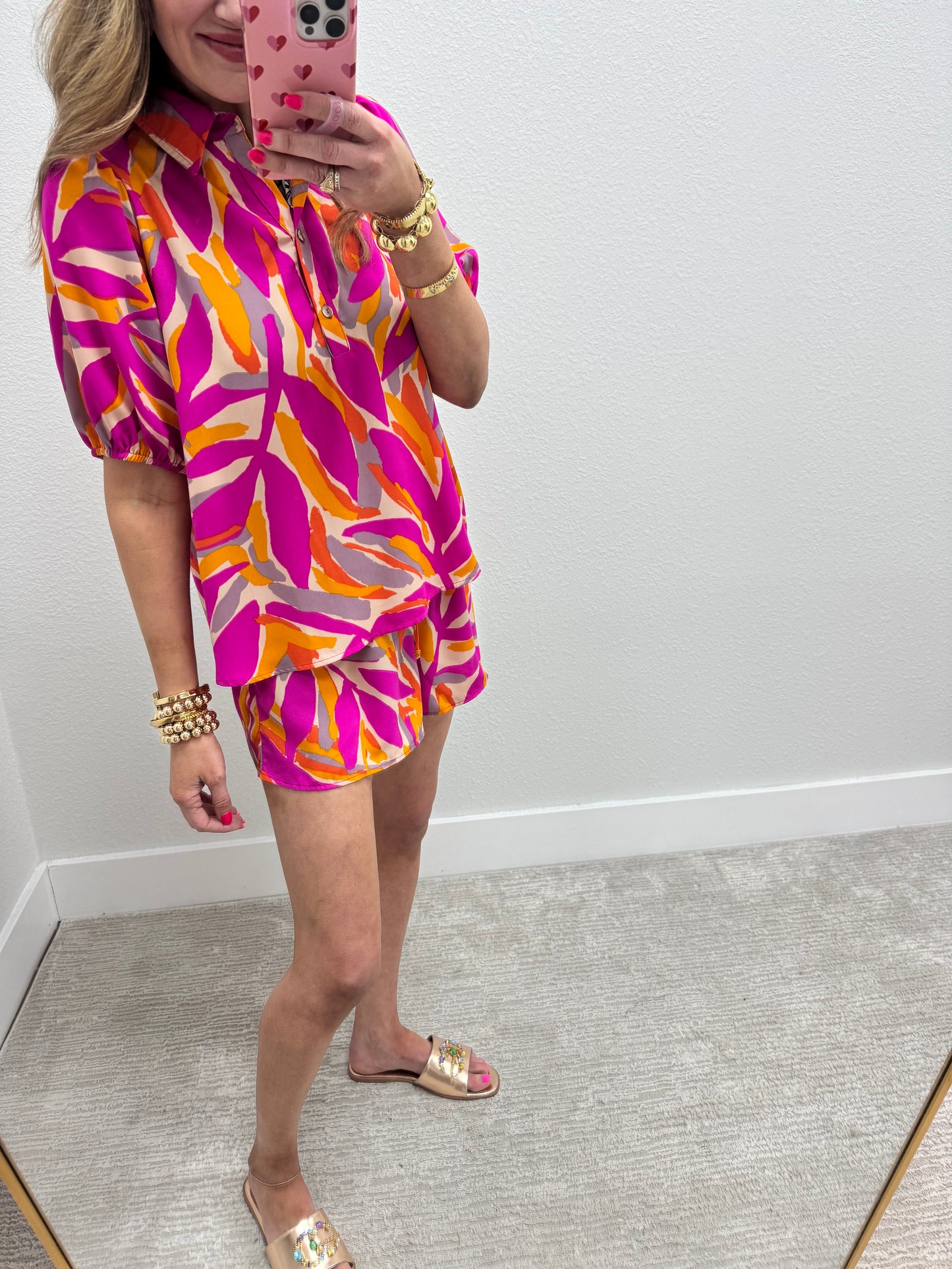 Pink and Orange Printed Two Piece Short Set