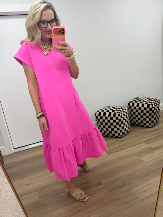 Hot Pink Ruffle Neck Cuff Sleeve Midi Dress