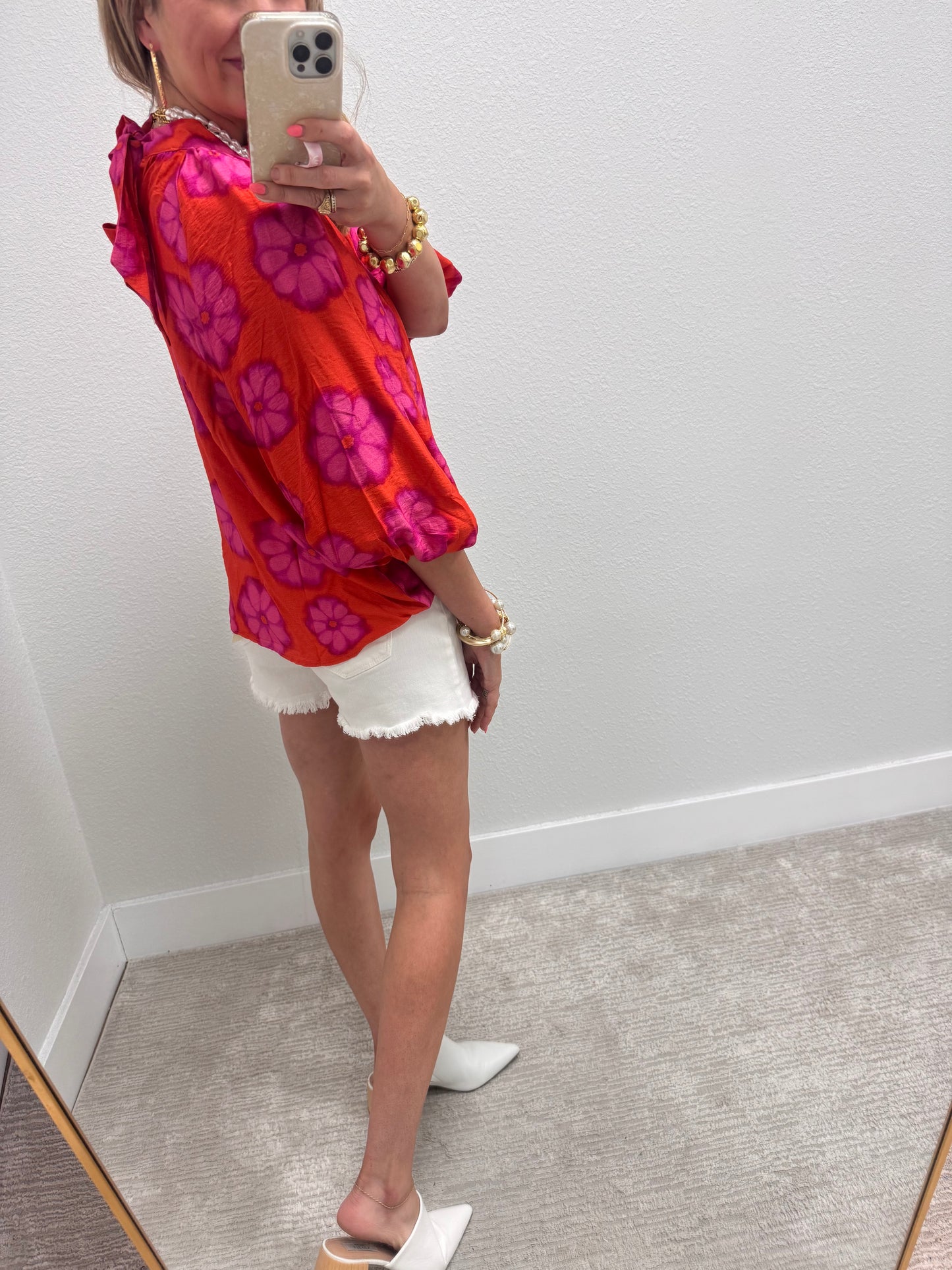 Orange & Pink Bubble Sleeve Printed Poly Top