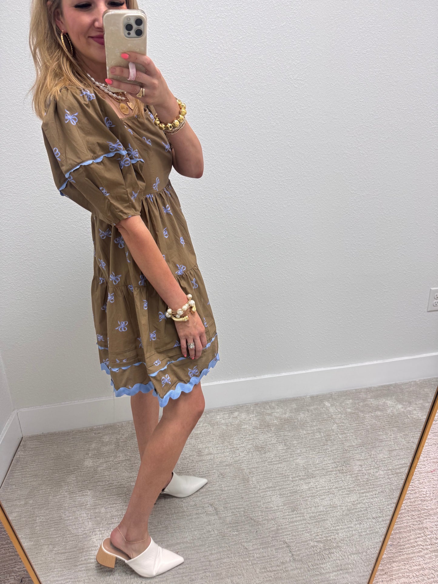 Coffee Tiered Bow Print Dress