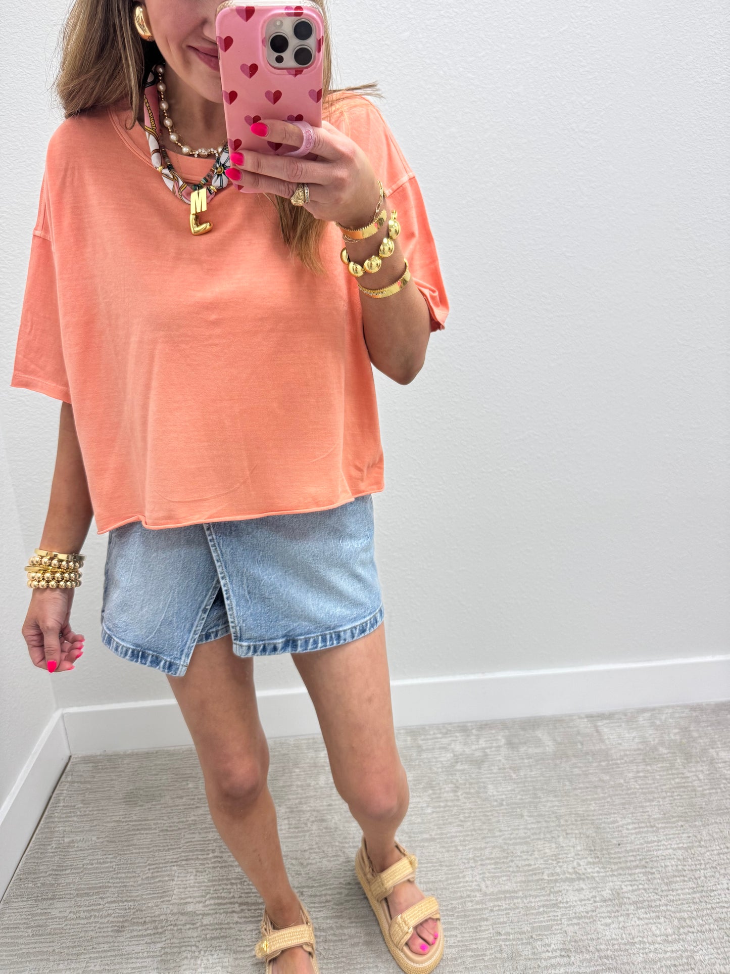 Coral Washed Cropped Boxy Short Sleeve