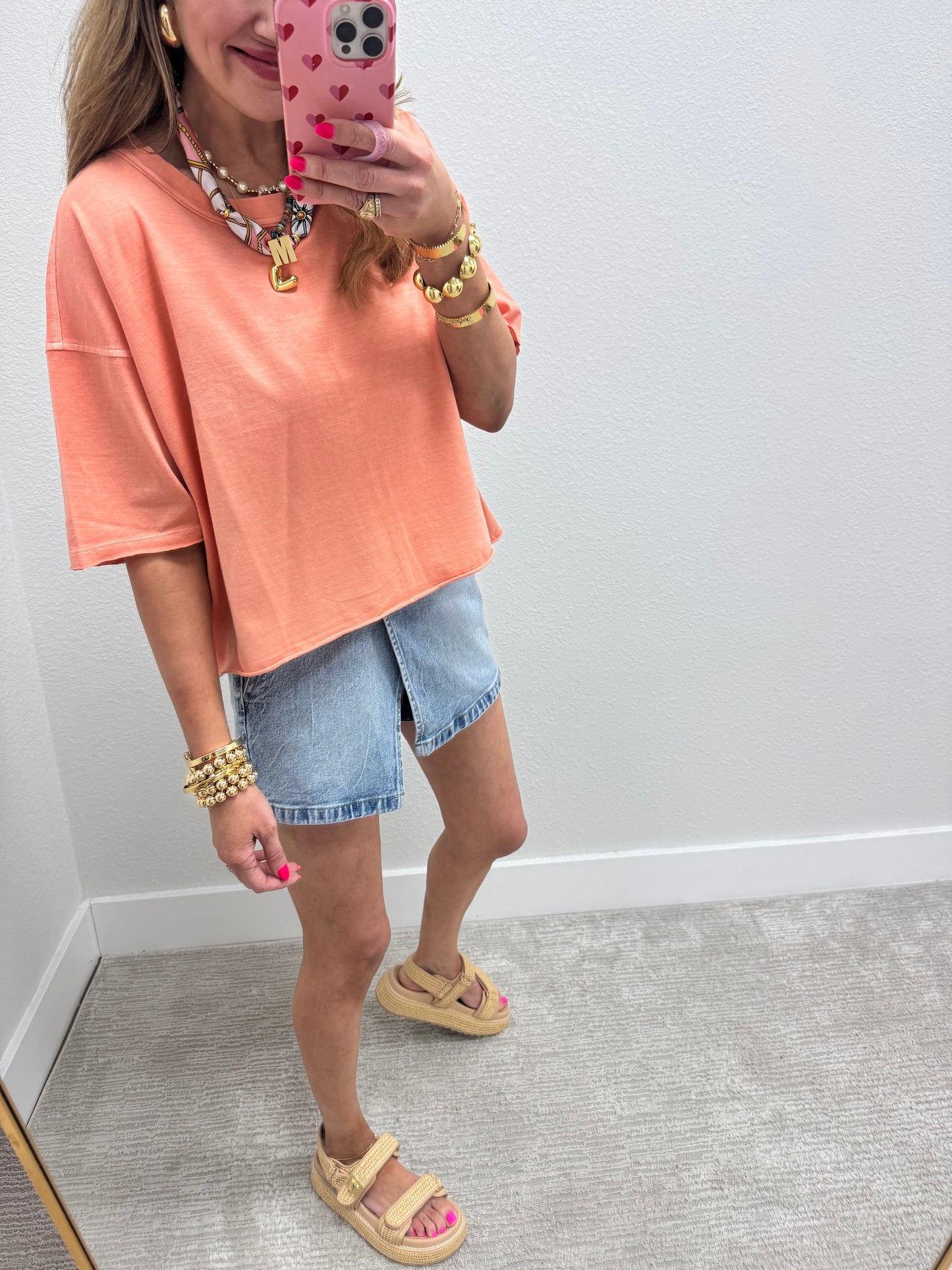 Coral Washed Cropped Boxy Short Sleeve
