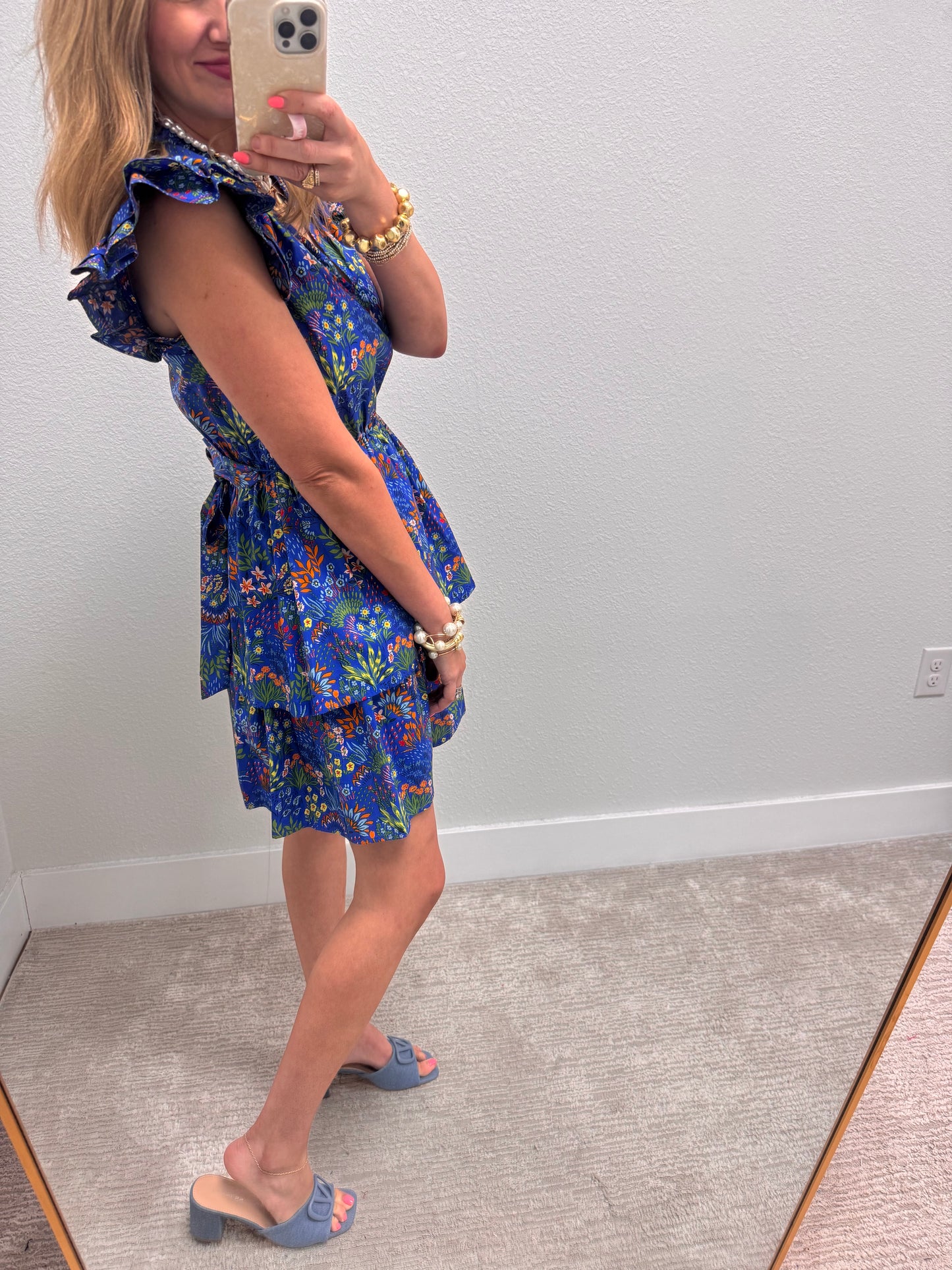 Blue Floral Tiered Mini Dress with Ruffle Sleeves