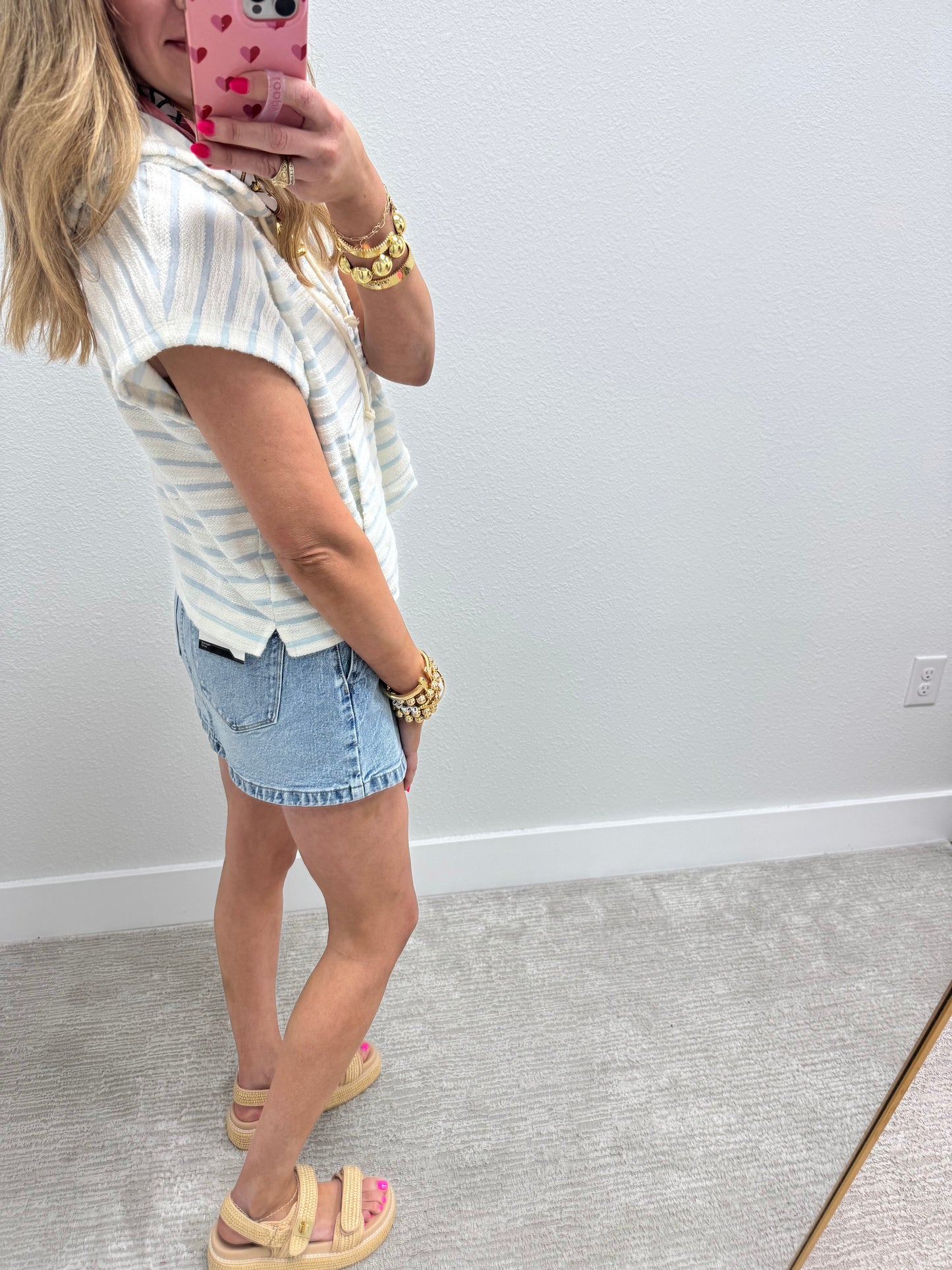 Blue and Cream French Terry Style Striped Hooded Top FS