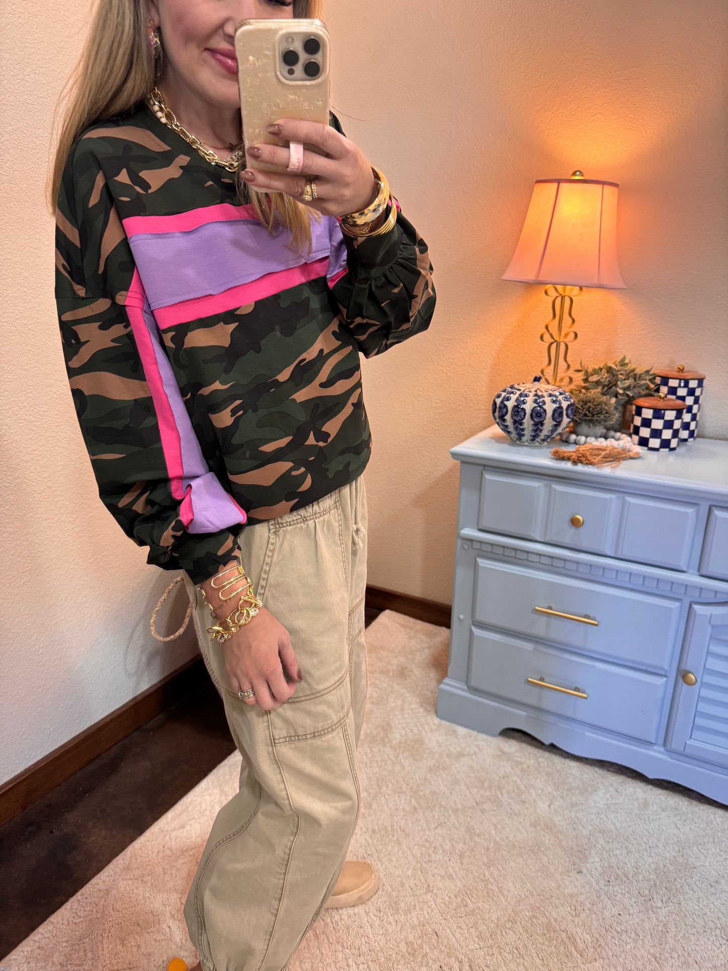 Pink & Purple Camo French Terry Color Block Top