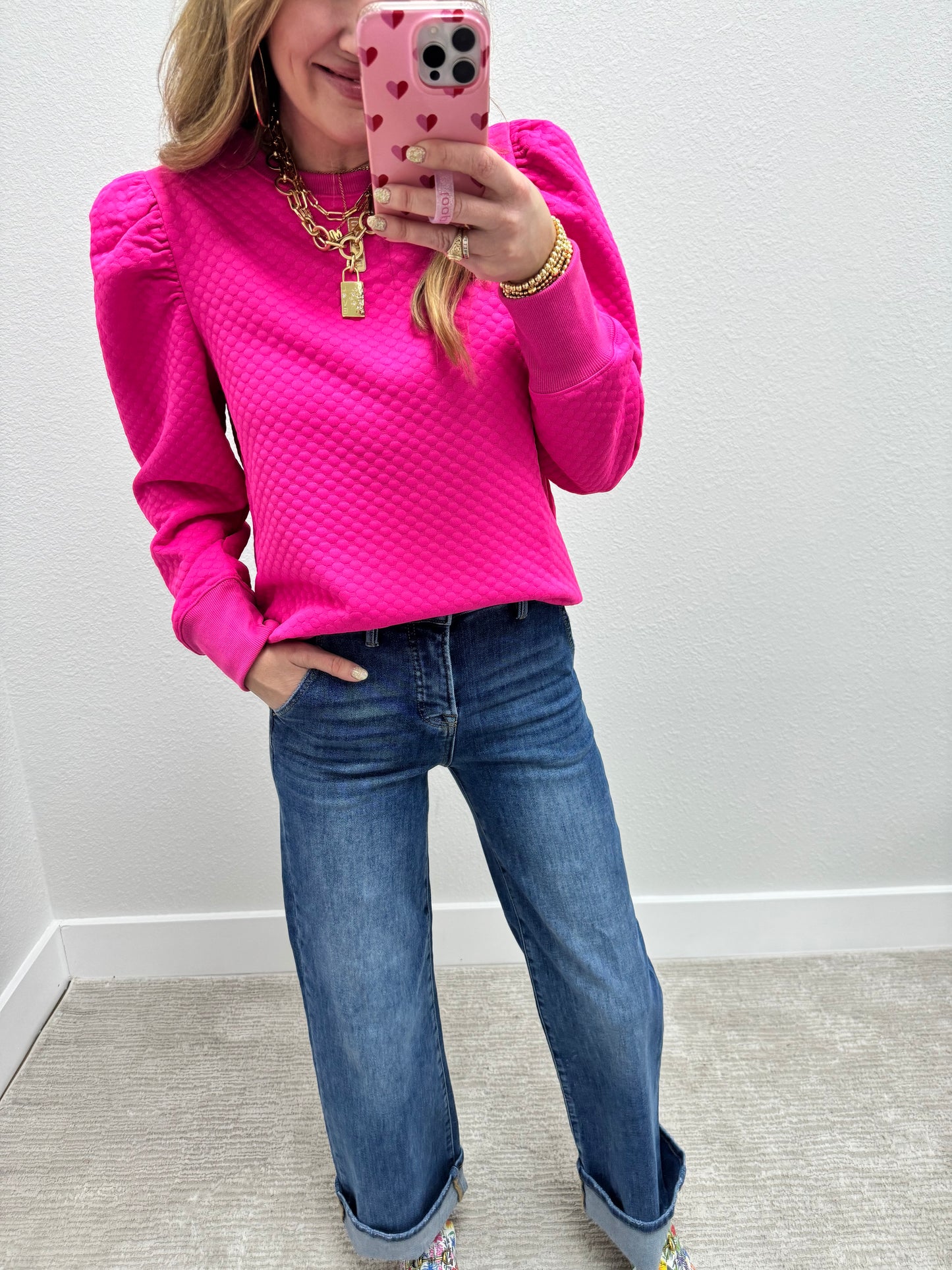 Hot Pink Puff Embossed Long Sleeve