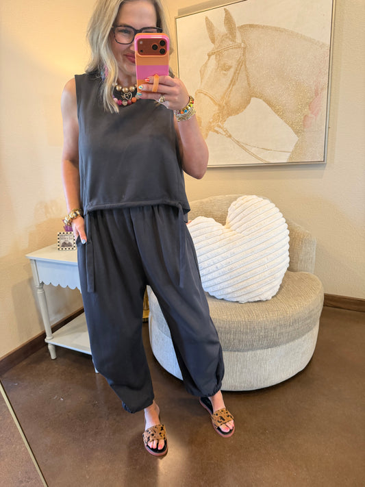 Charcoal Scuba Cinch Tie Top and Pants Set