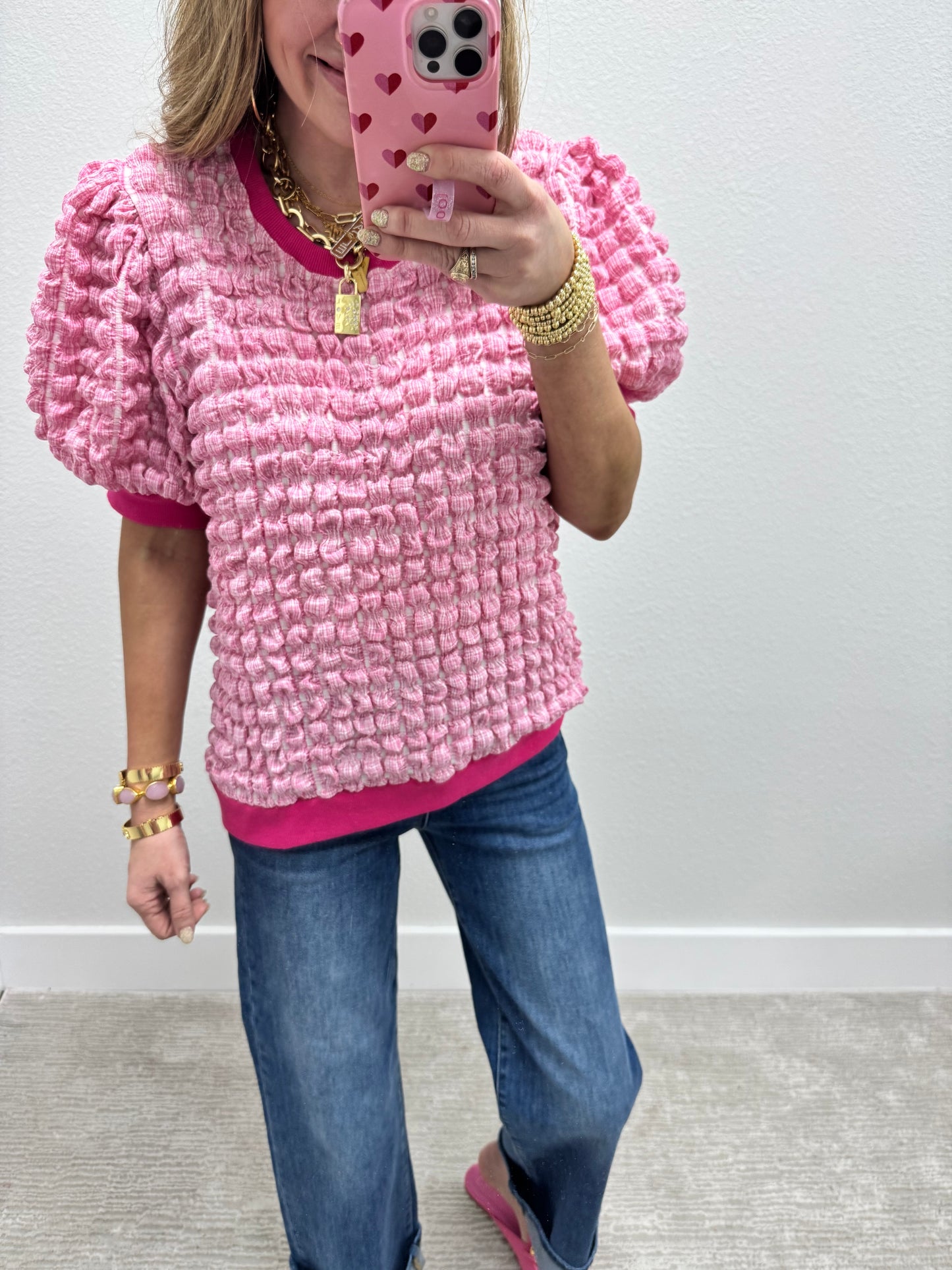 Pink and White Bubble Texture Short Sleeve