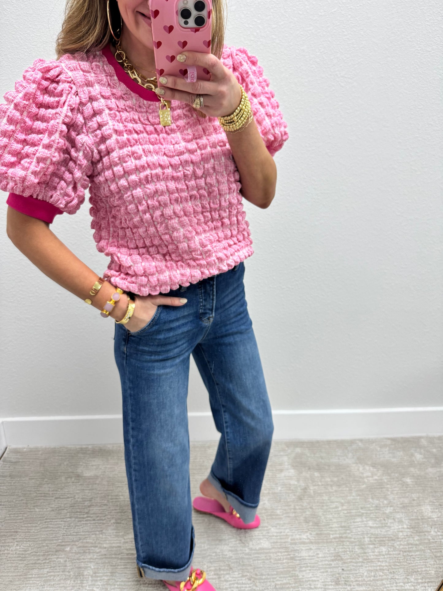 Pink and White Bubble Texture Short Sleeve