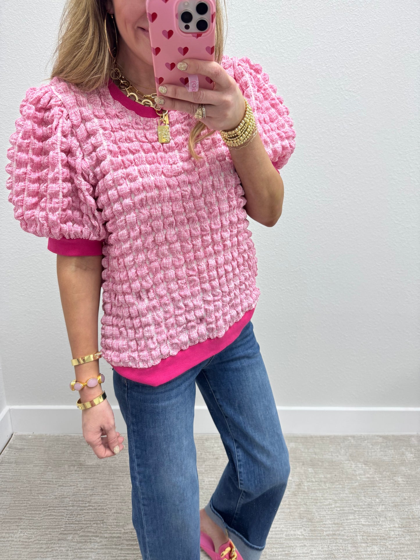 Pink and White Bubble Texture Short Sleeve