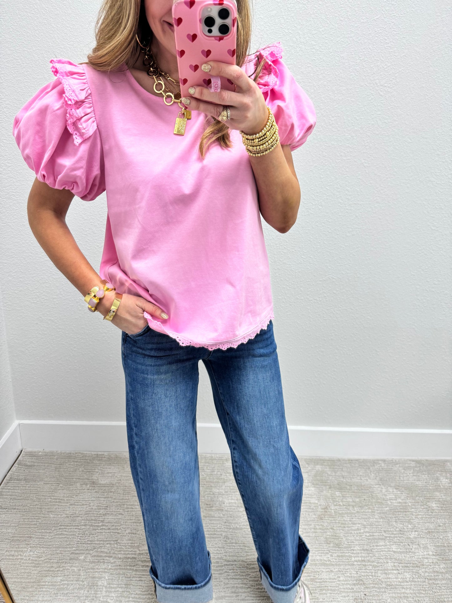 Light Pink Eyelet Ruffle Puff Sleeve Top FS