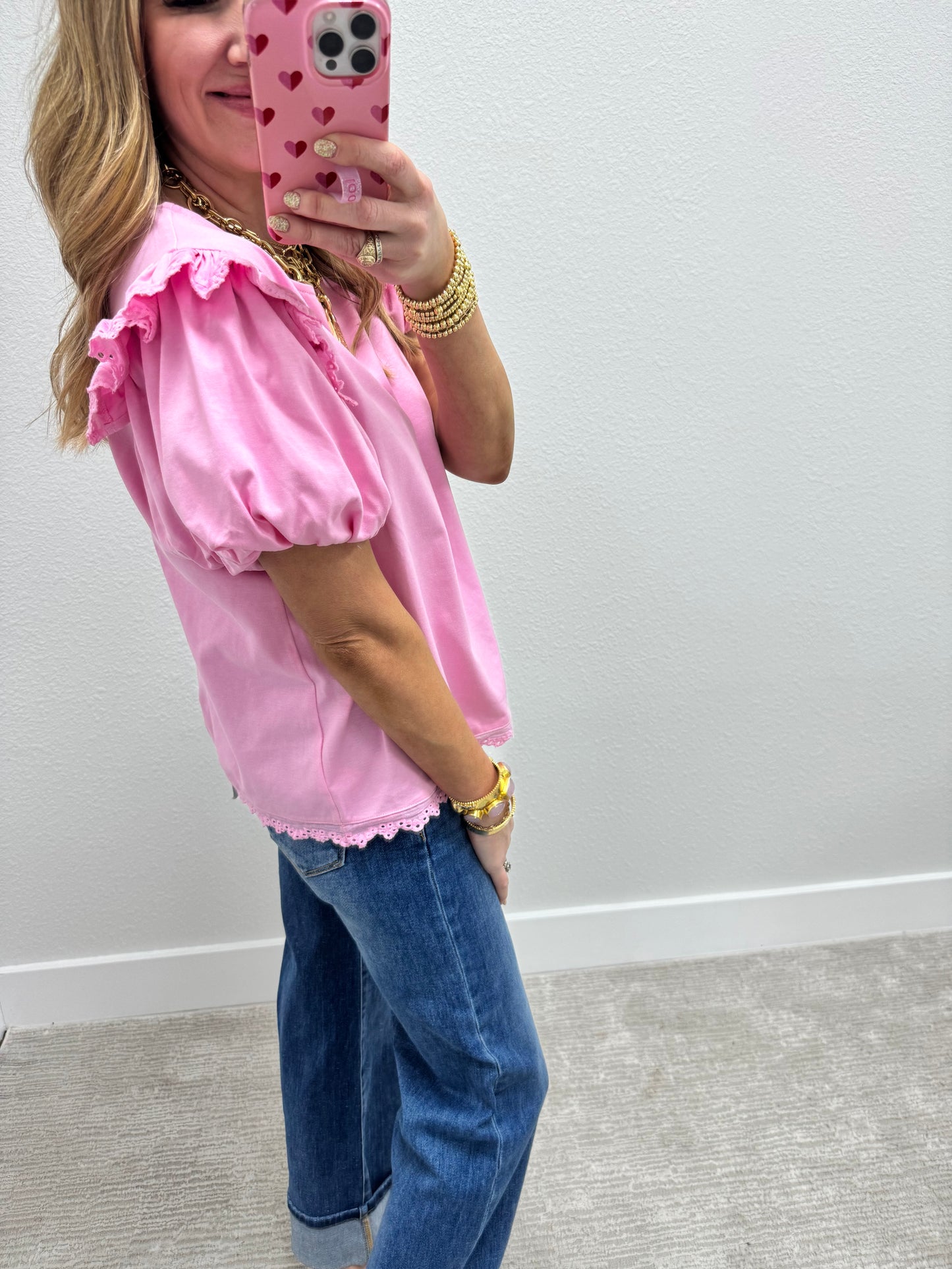 Light Pink Eyelet Ruffle Puff Sleeve Top FS