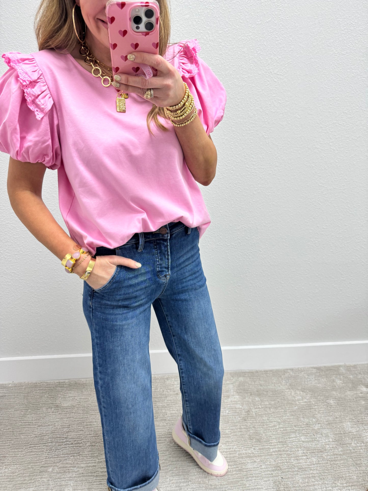 Light Pink Eyelet Ruffle Puff Sleeve Top FS