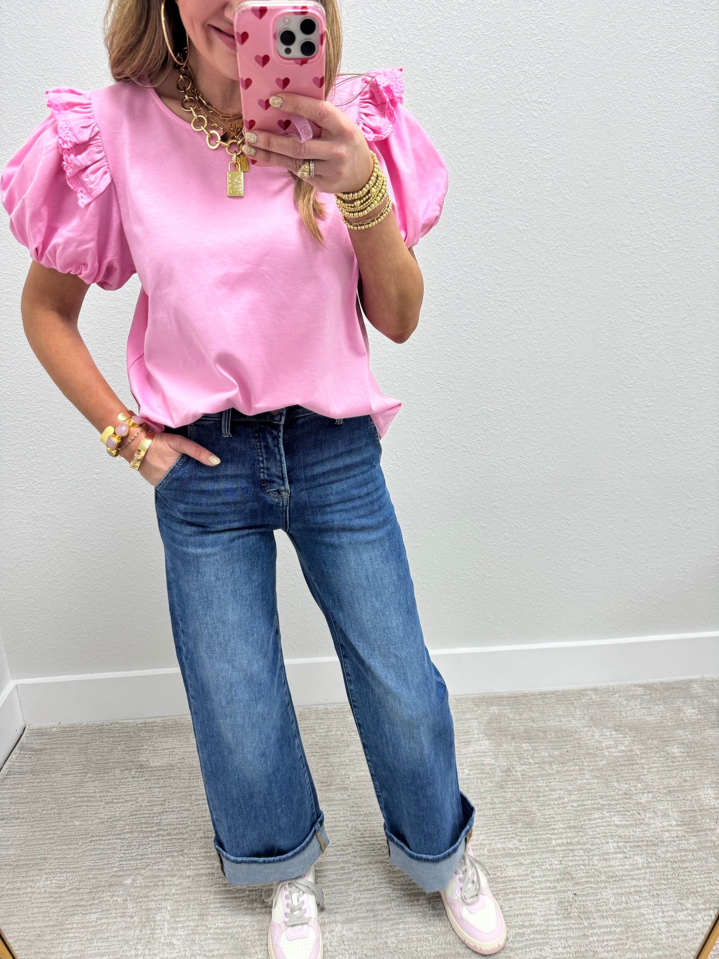 Light Pink Eyelet Ruffle Puff Sleeve Top FS