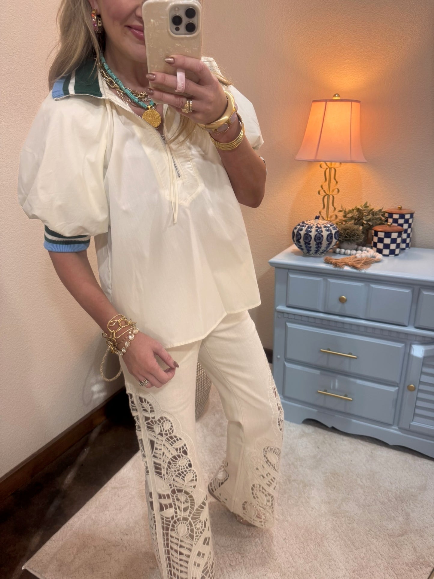 Cream Colored Collar 1/2 Zip Puff Sleeve Top