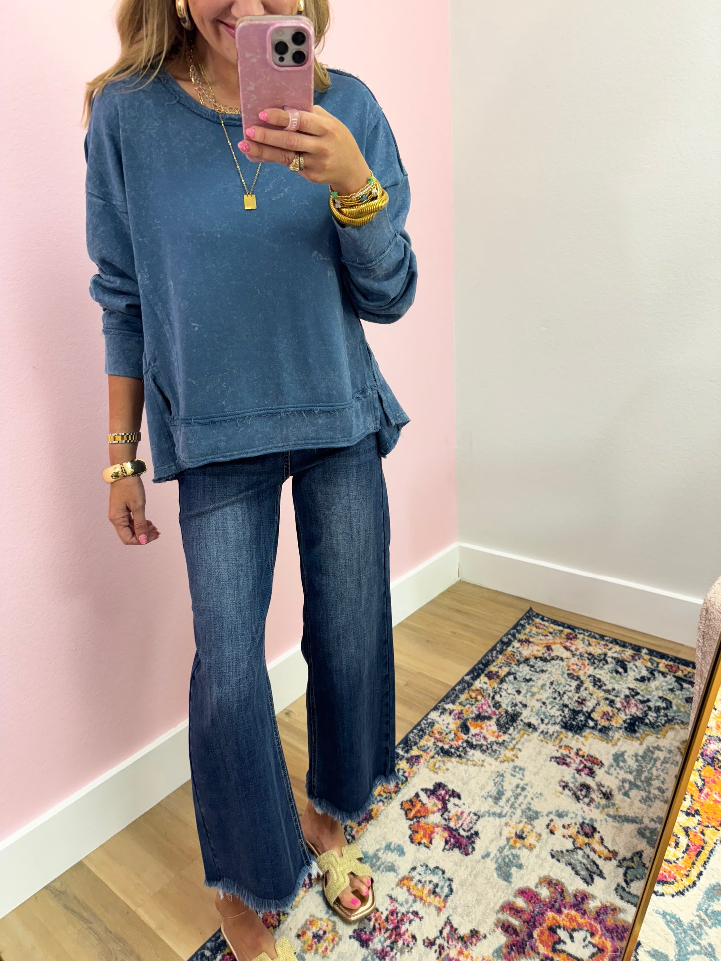 Blue Washed Long Sleeve Top