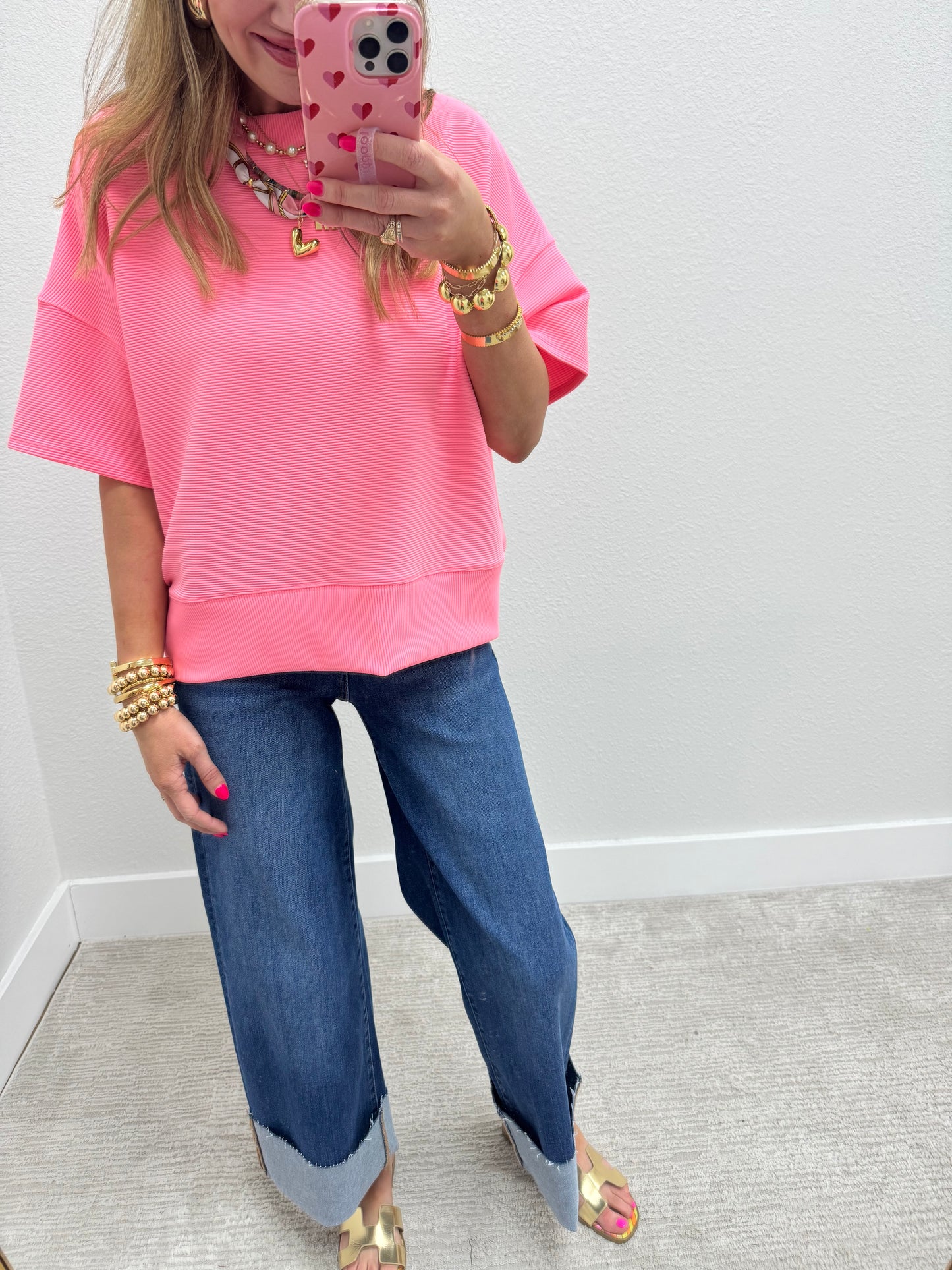 Bright Pink Ribbed Band Bottom Half Sleeve Top