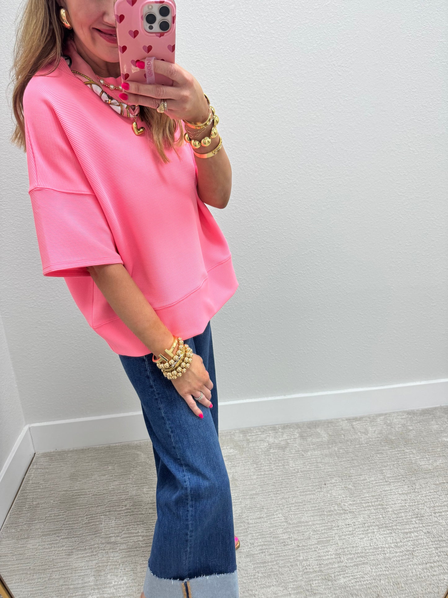 Bright Pink Ribbed Band Bottom Half Sleeve Top