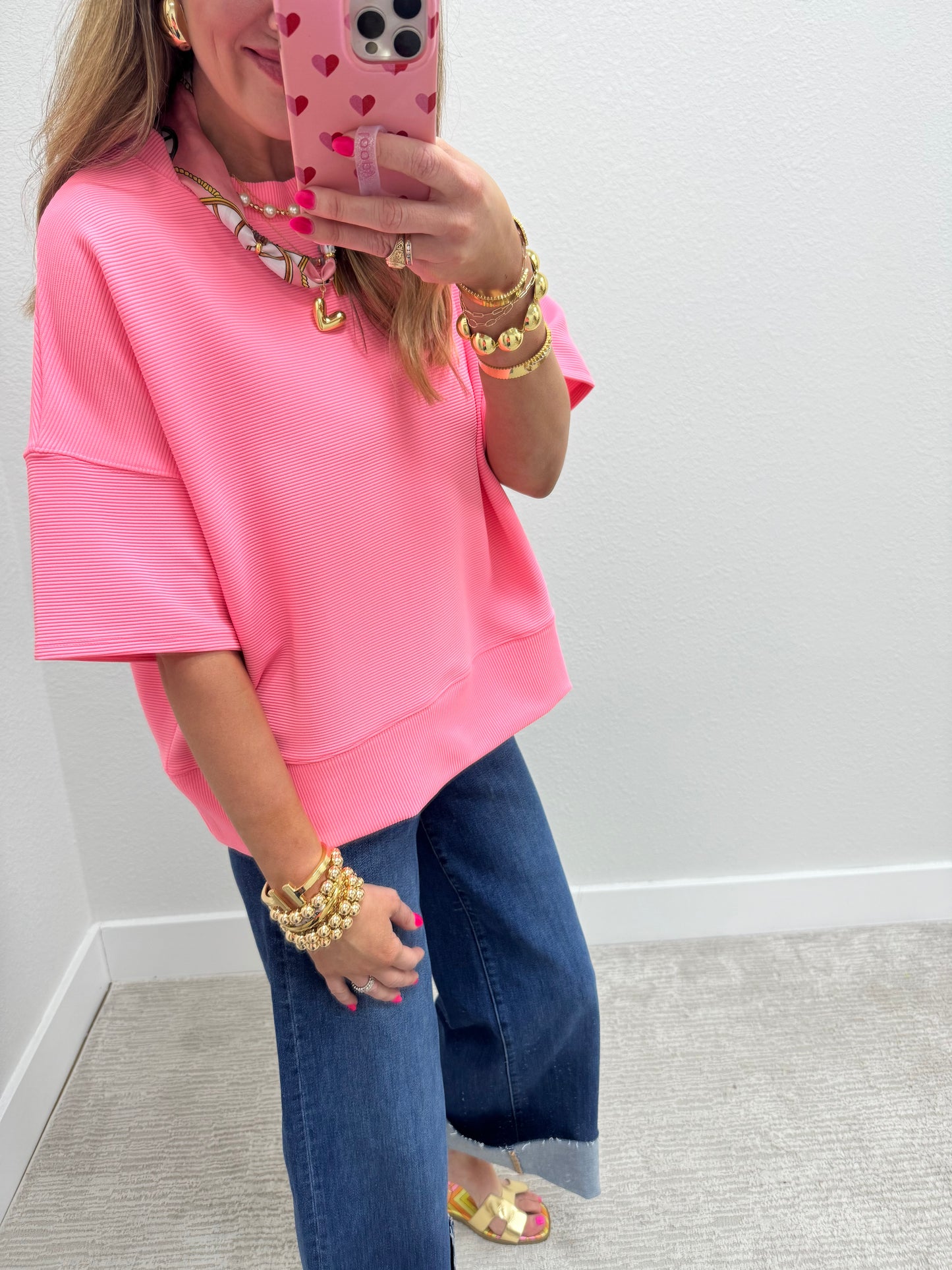 Bright Pink Ribbed Band Bottom Half Sleeve Top