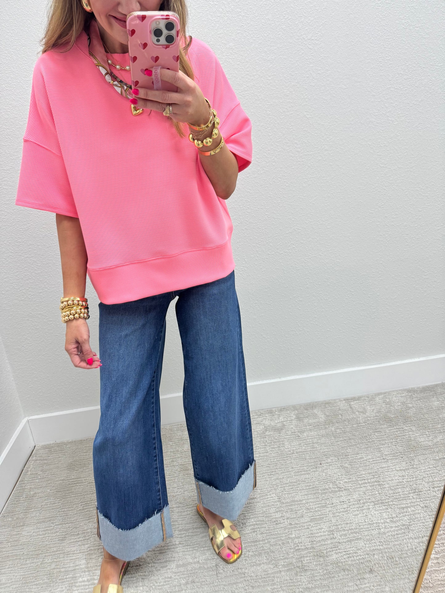 Bright Pink Ribbed Band Bottom Half Sleeve Top