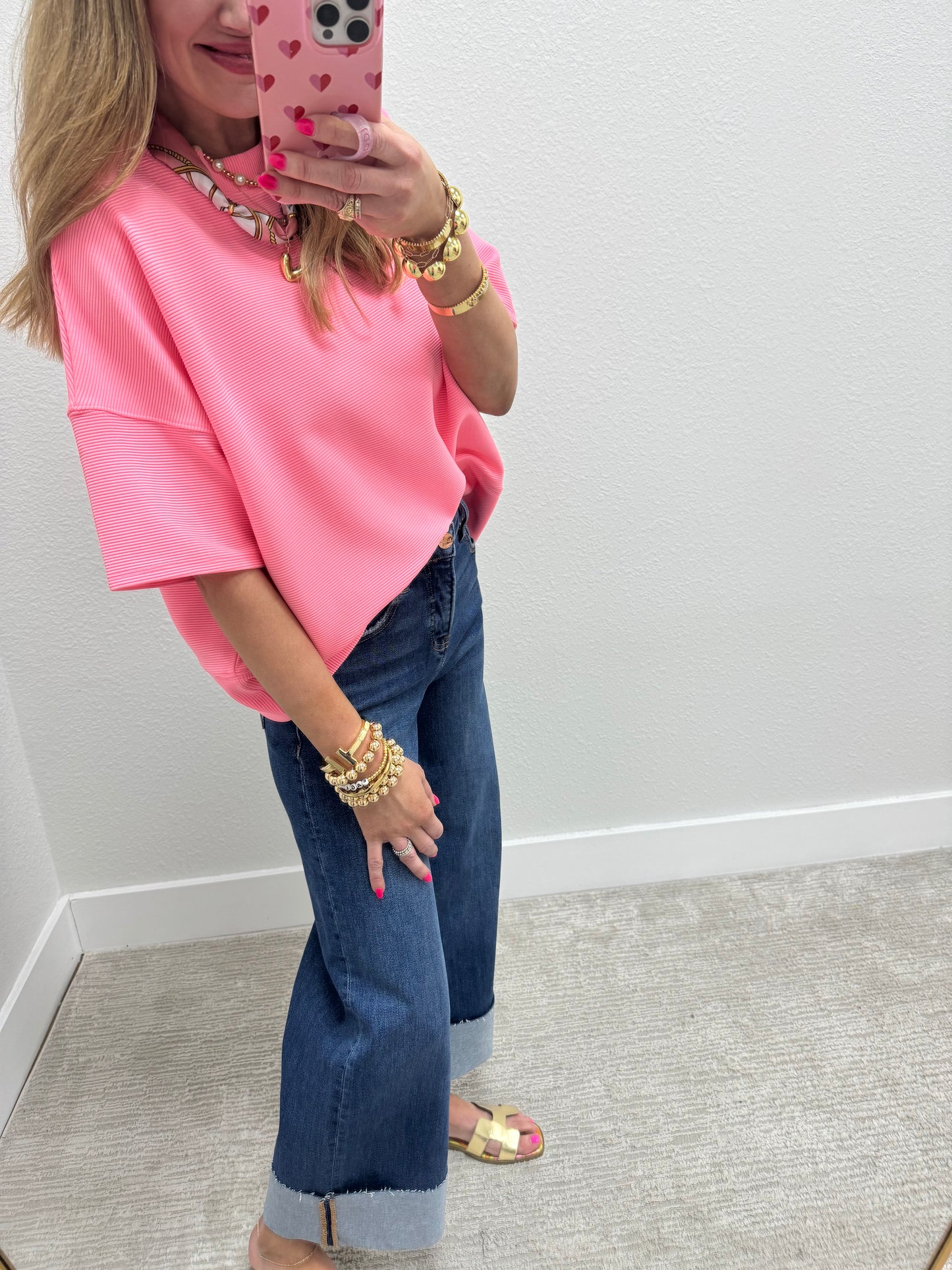 Bright Pink Ribbed Band Bottom Half Sleeve Top