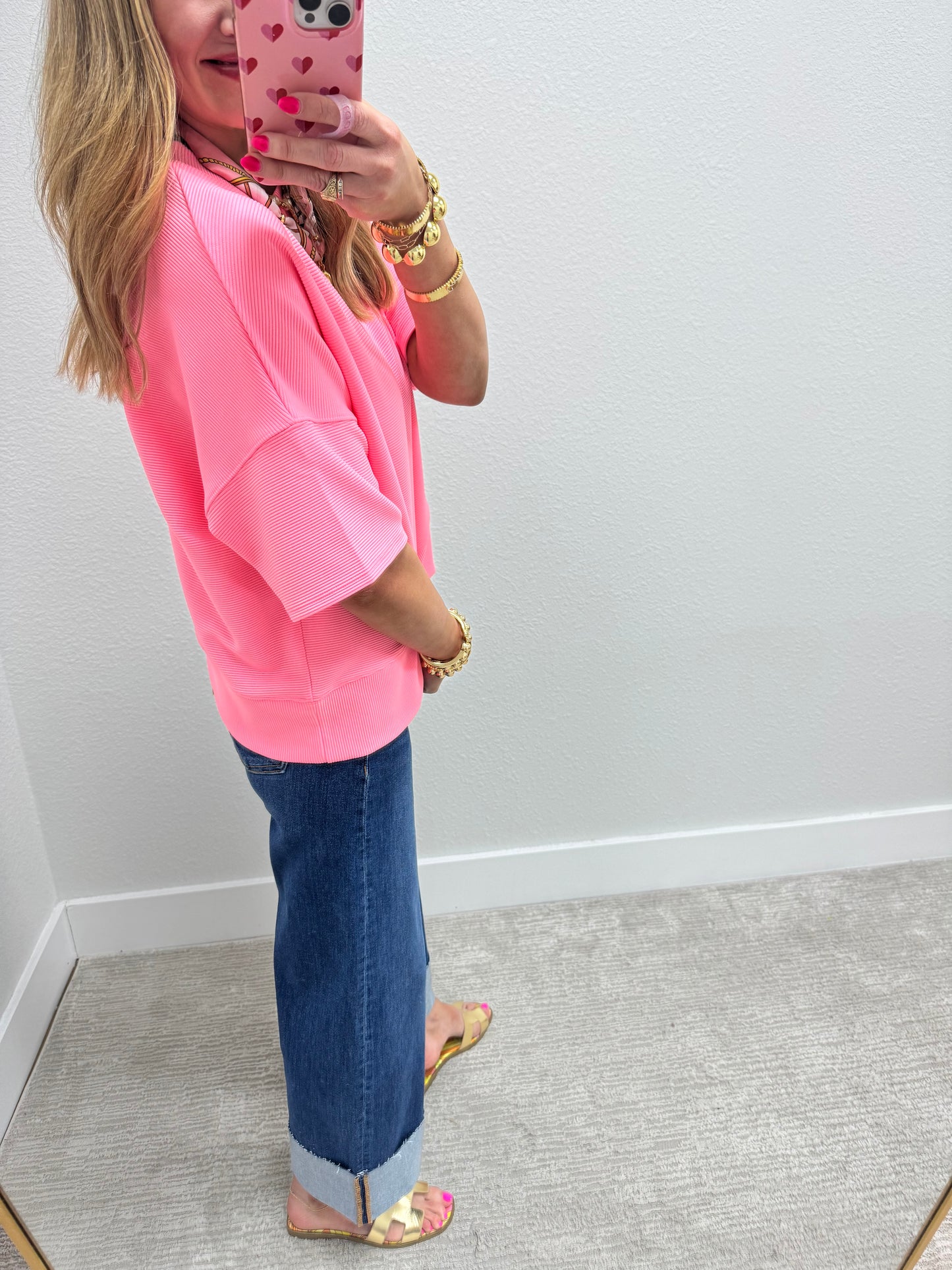 Bright Pink Ribbed Band Bottom Half Sleeve Top