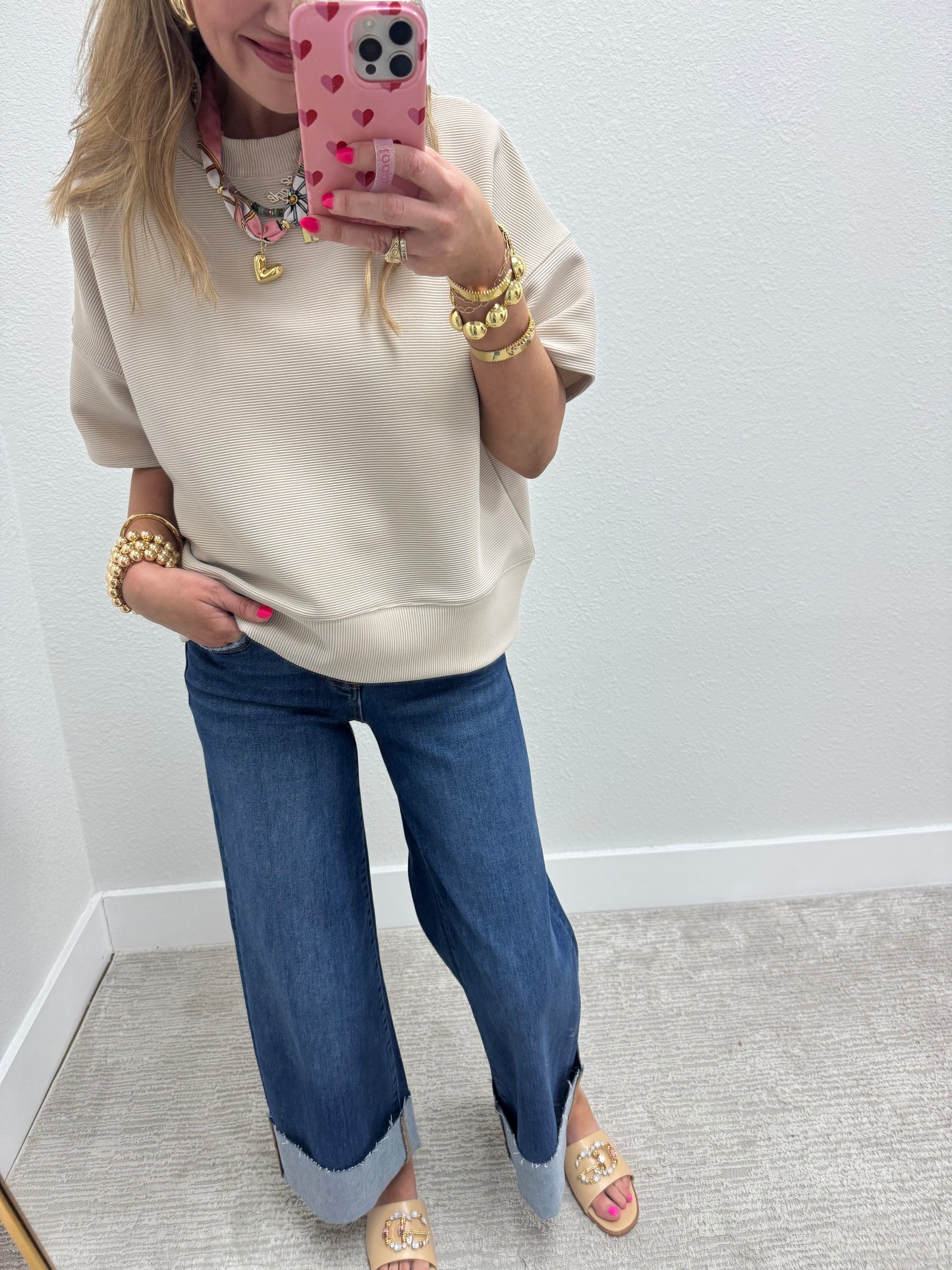 Sand Beige Ribbed Band Bottom Half Sleeve Top