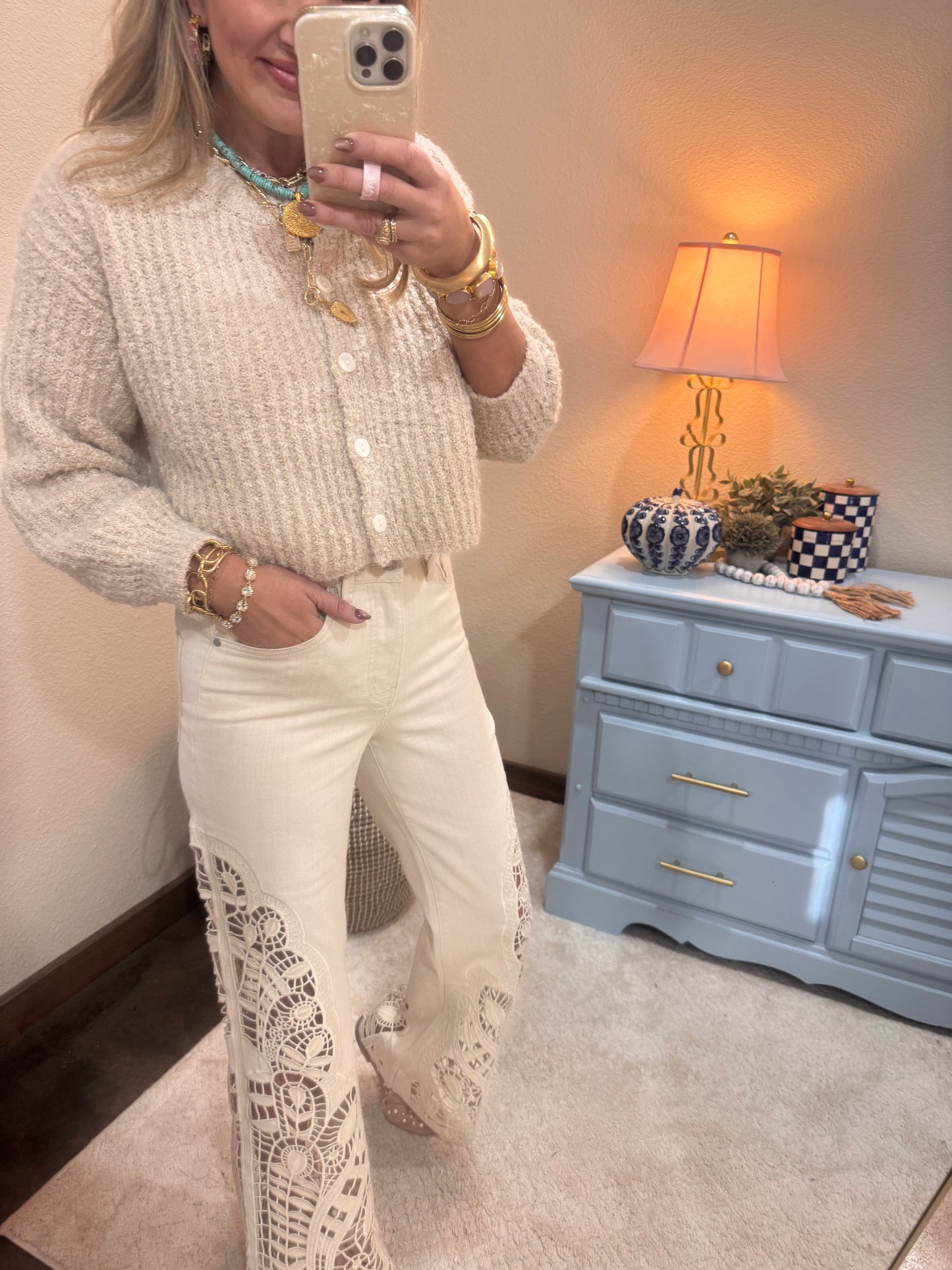 Cream Fluffy Knit Button-up Cardigan Sweater