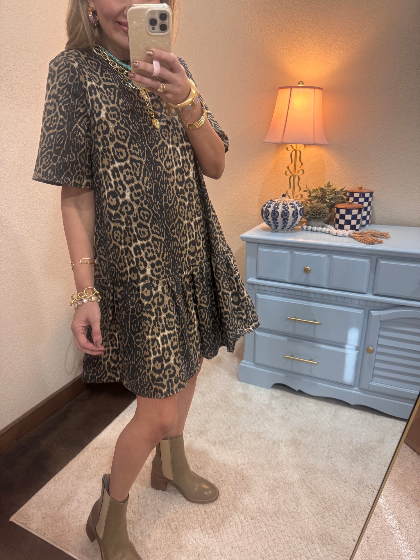 Leopard Print Denim Mini Dress With Pockets