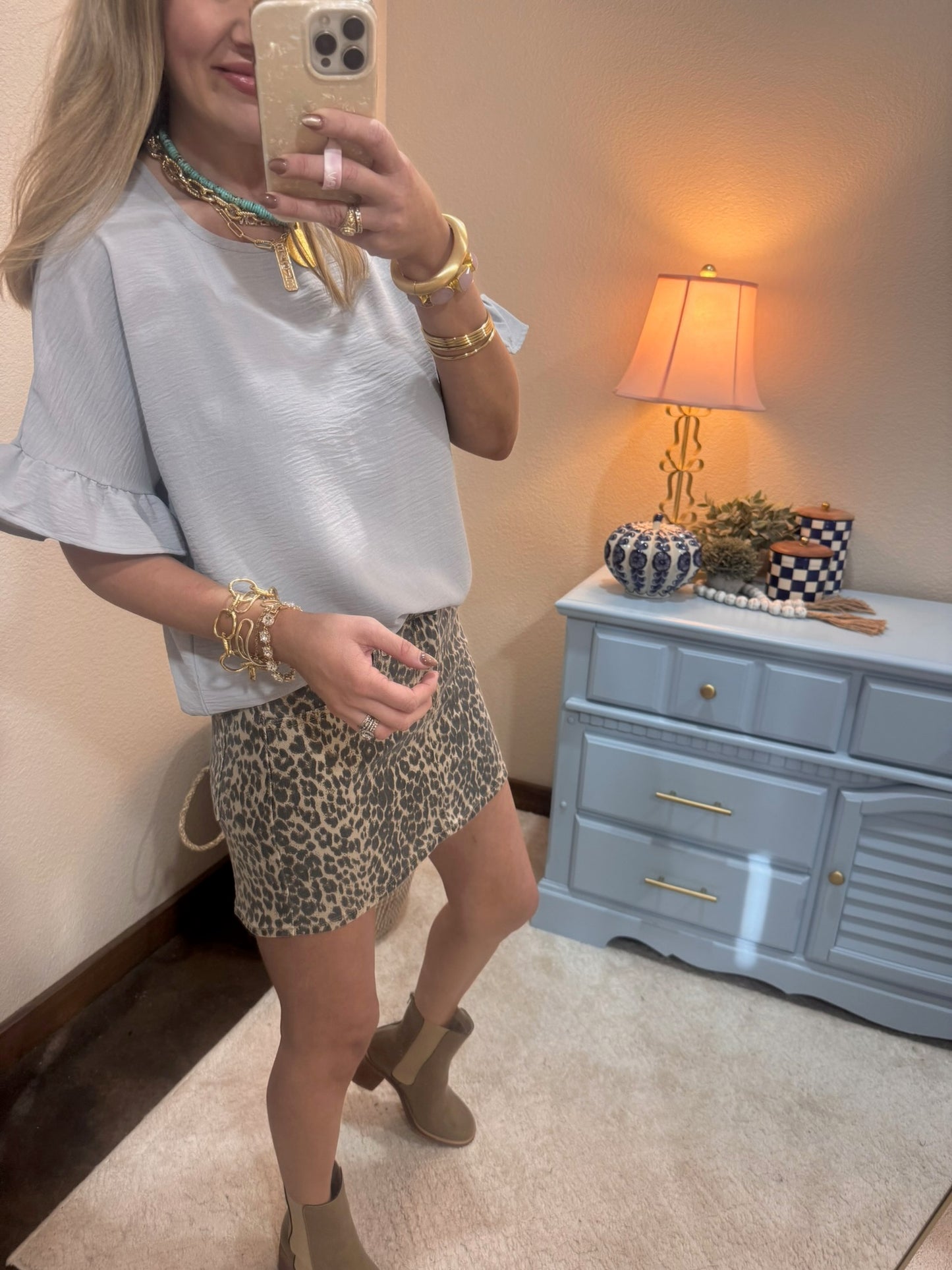 Light Grey Round Neck Ruffle Sleeve Top