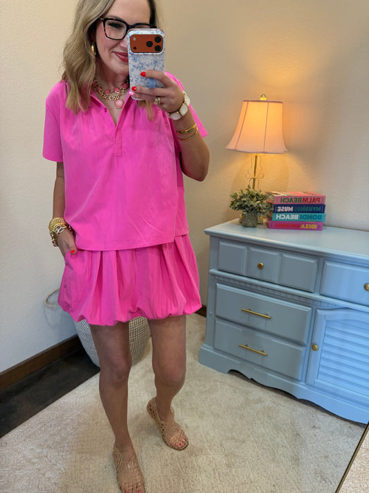 Pink Stand Collar Short Sleeve Shirt