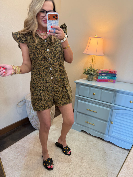 Taupe Leopard Romper with Ruffle Sleeves