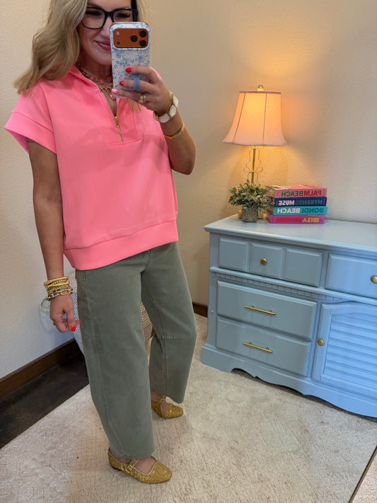 Bright Pink Ribbed High Neck Half Zip Top