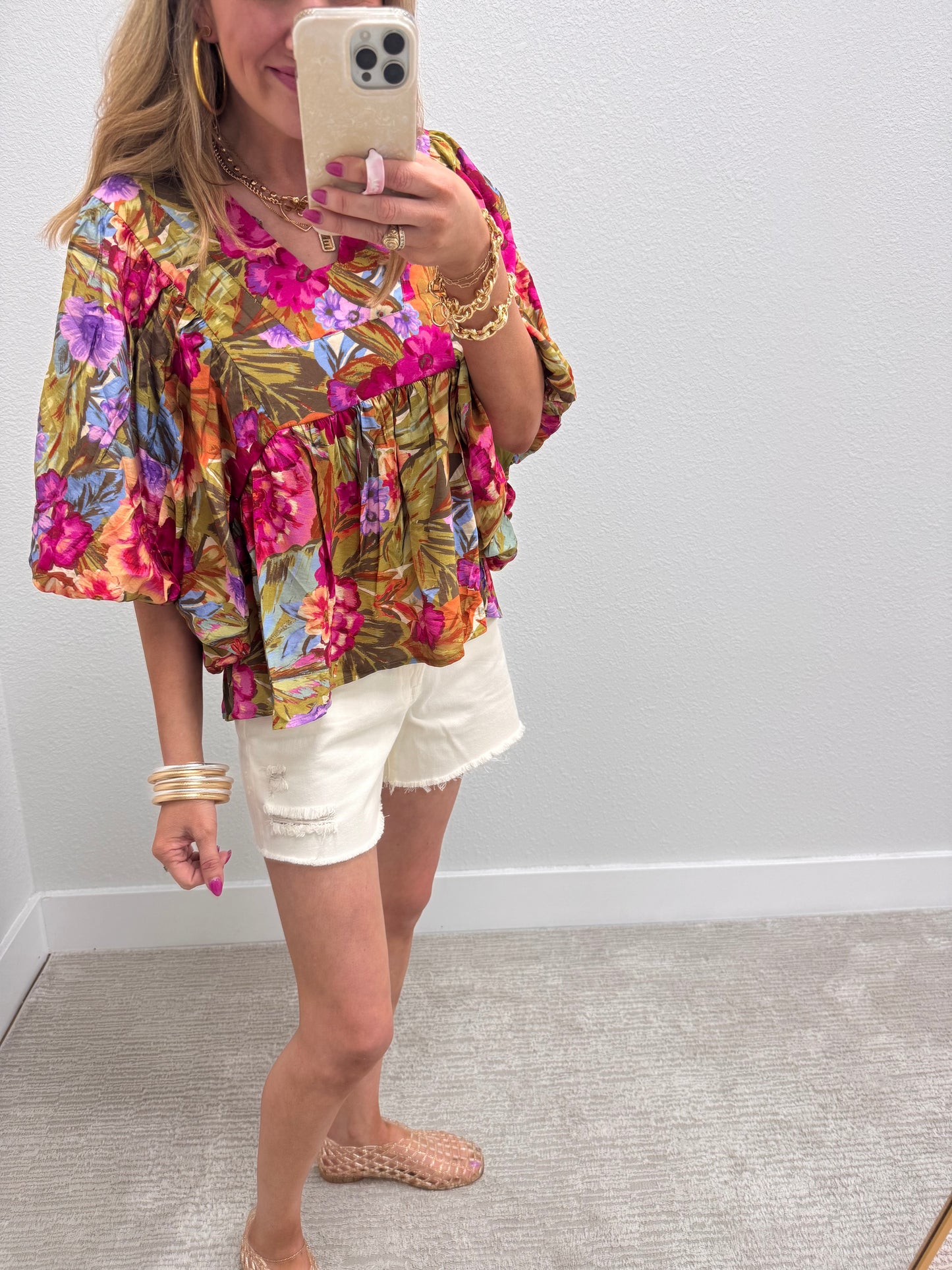 Olive Floral Print Bubble Sleeve Top with Plunge Neck & Tie
