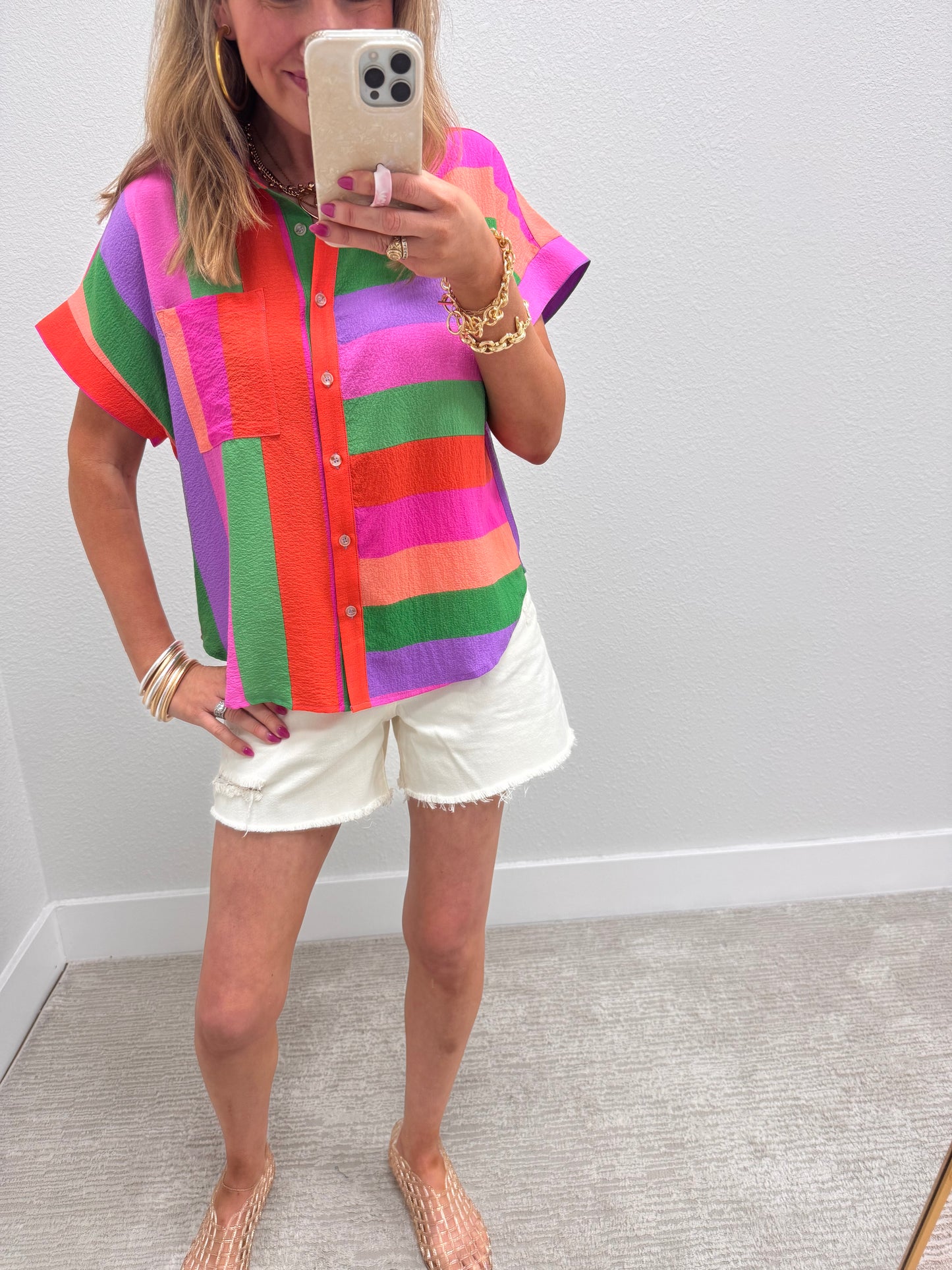Multi Striped Short Sleeve Button Top