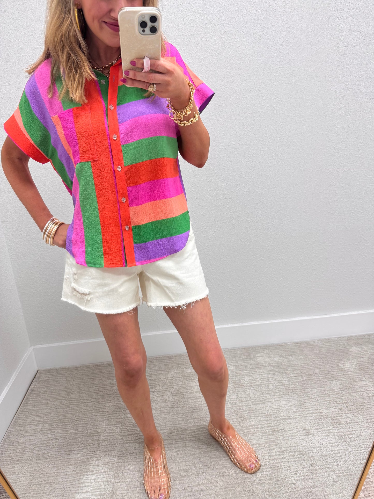 Multi Striped Short Sleeve Button Top