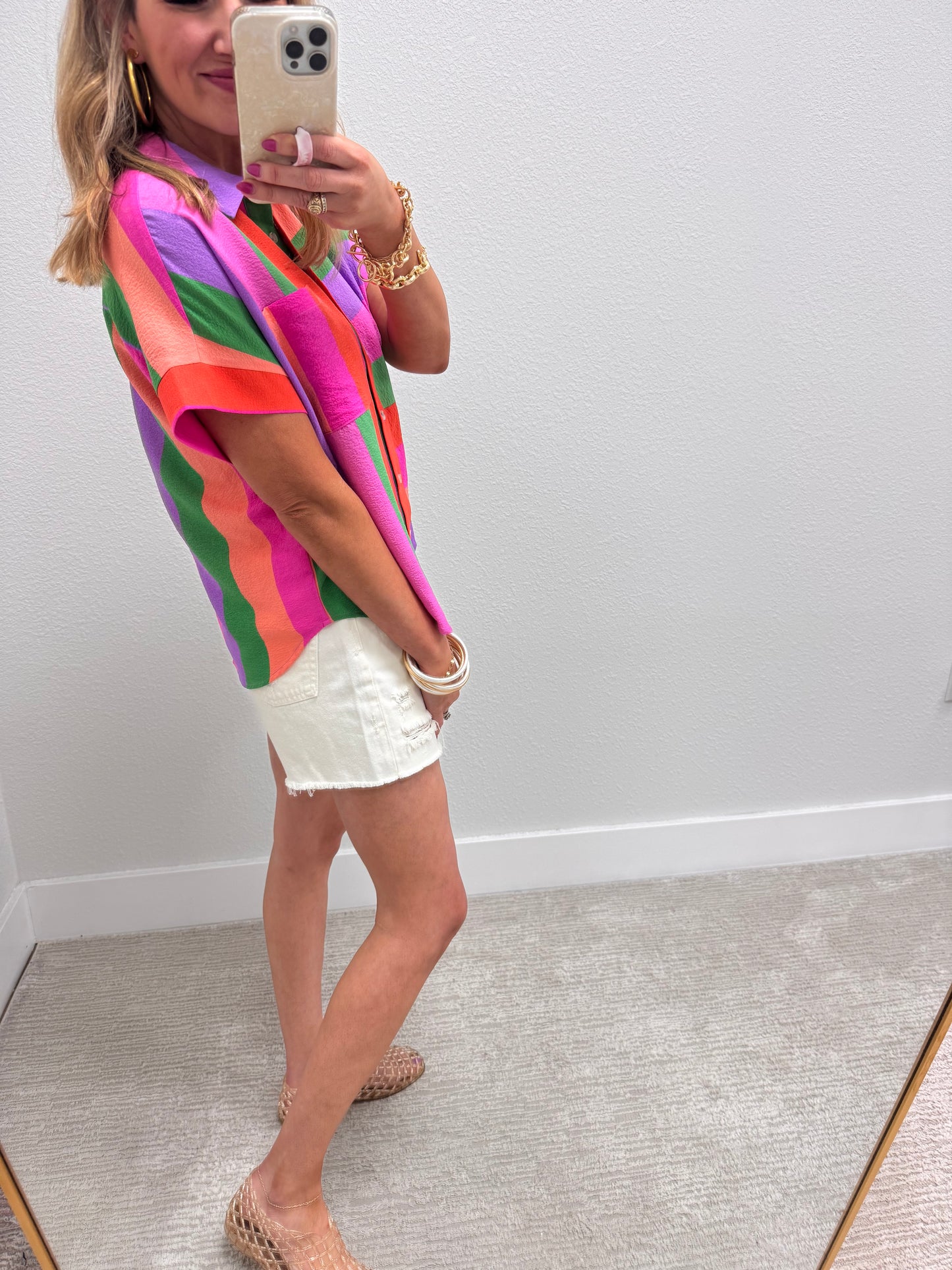 Multi Striped Short Sleeve Button Top