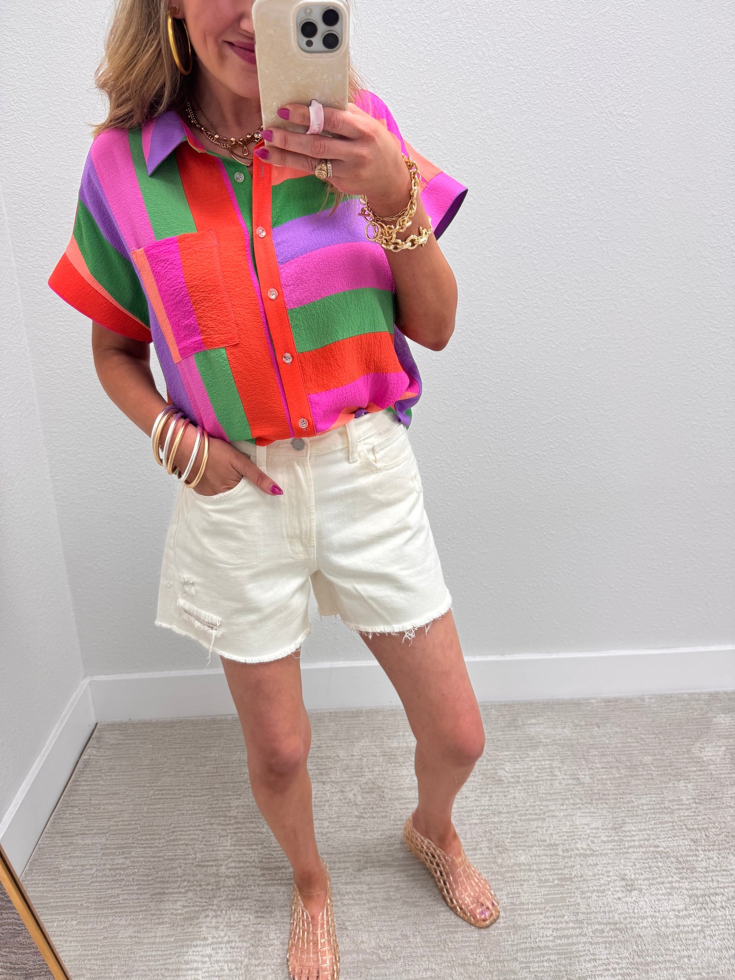 Multi Striped Short Sleeve Button Top