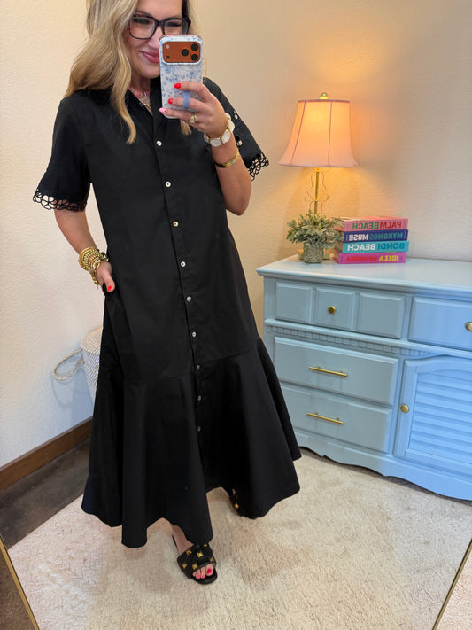 Black Detailed Collared Button Up Dress