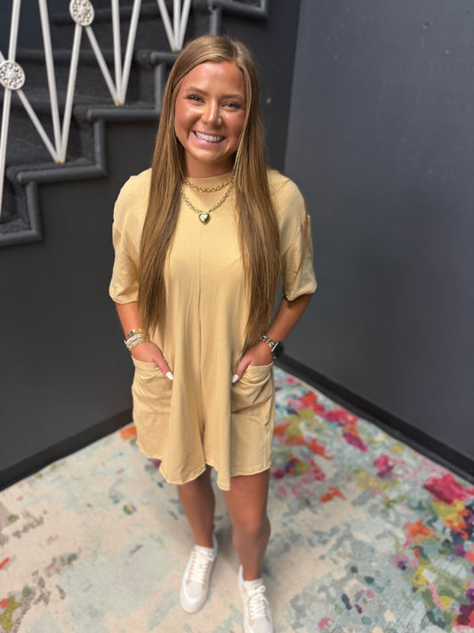Tan Cotton Romper with Front Pockets