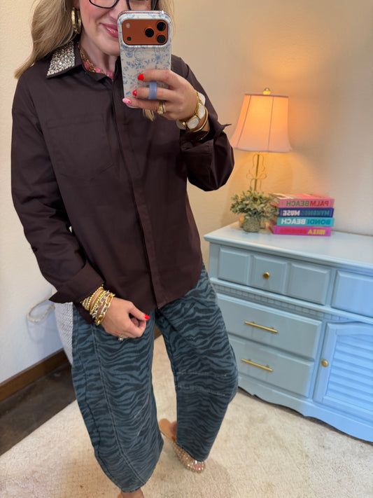 Brown Rhinestone Collar Button Down Shirt