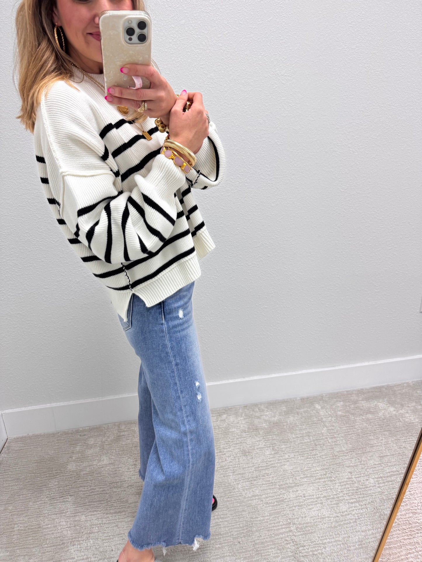 Ivory Striped Mock Neck Sweater