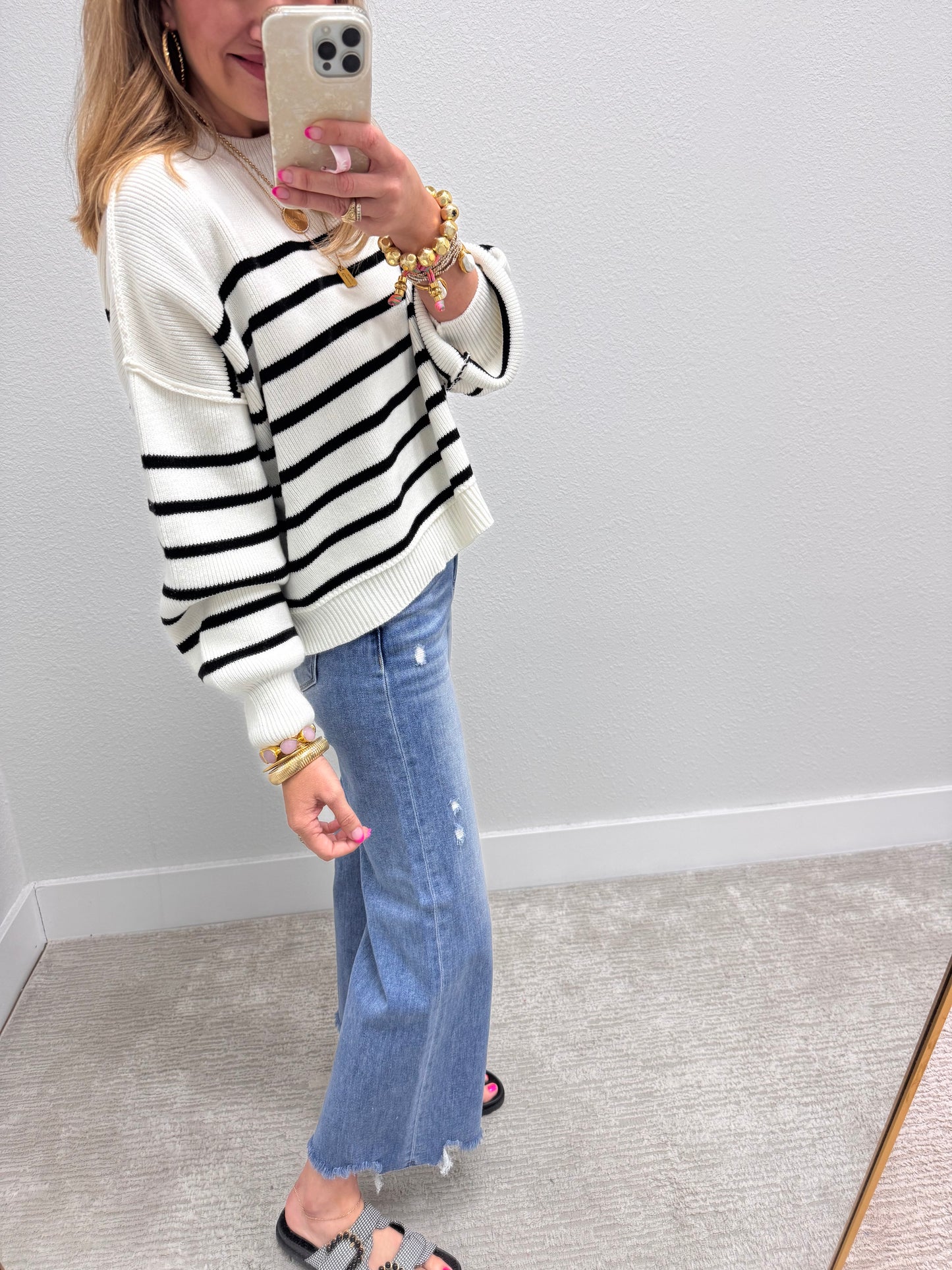Ivory Striped Mock Neck Sweater
