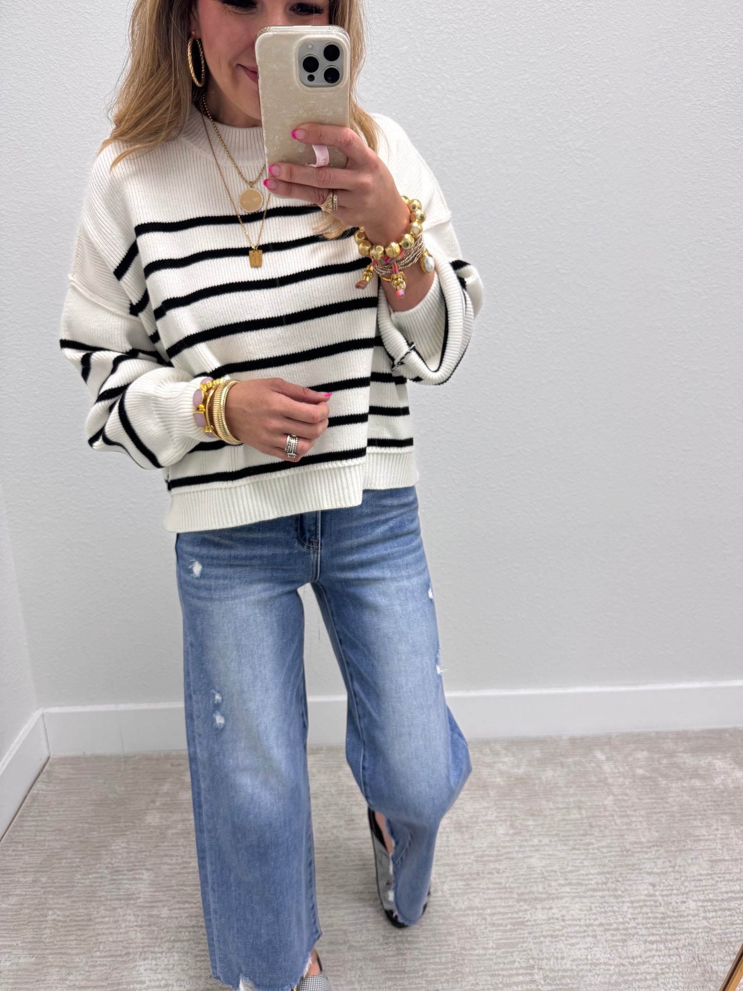 Ivory Striped Mock Neck Sweater