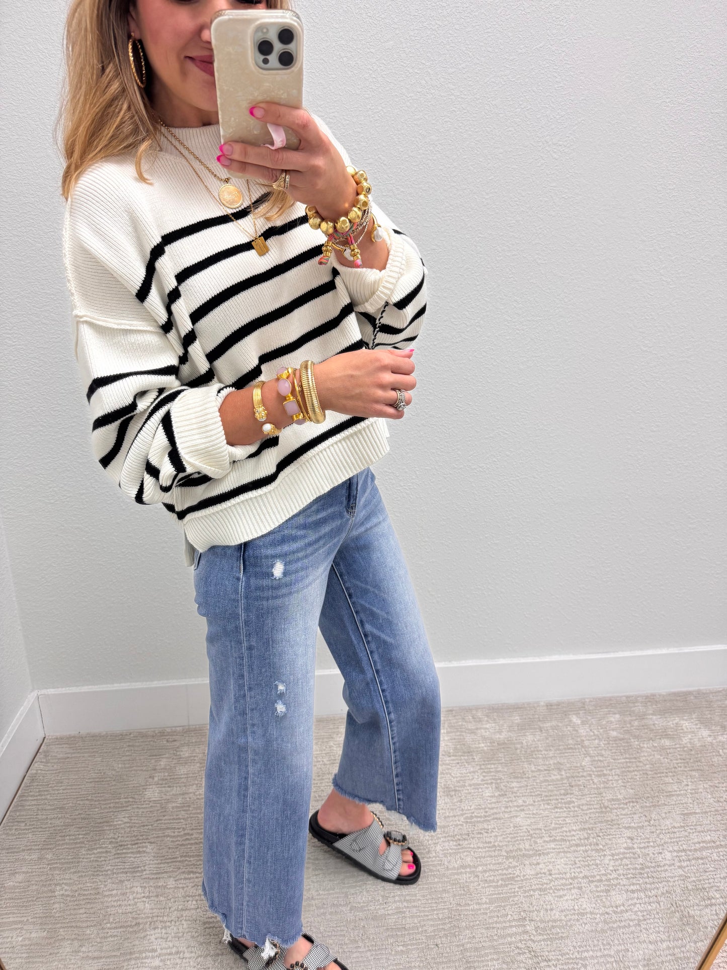 Ivory Striped Mock Neck Sweater