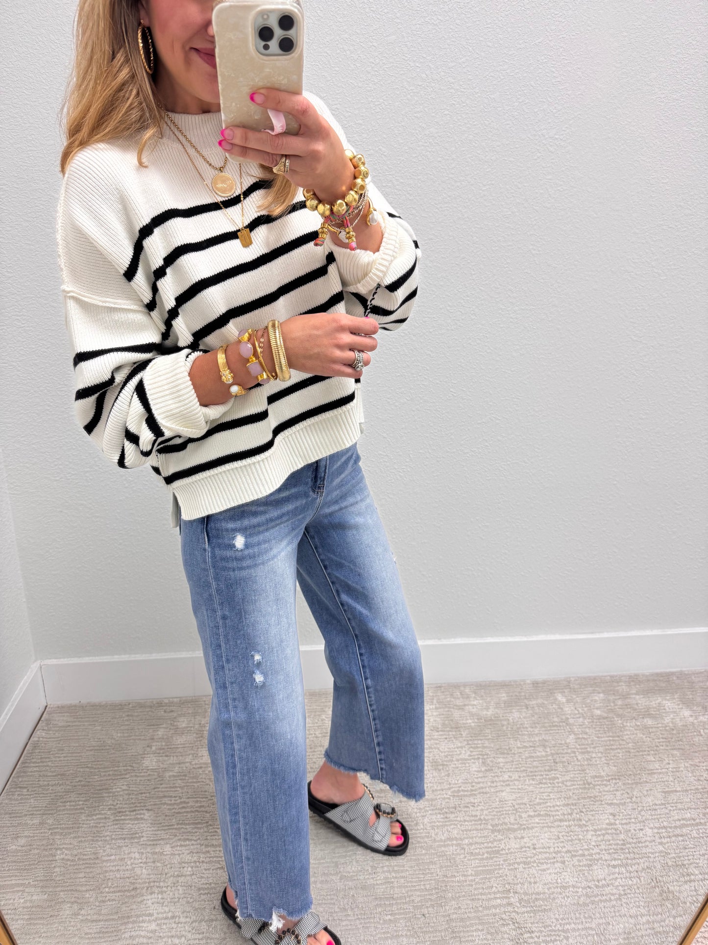 Ivory Striped Mock Neck Sweater