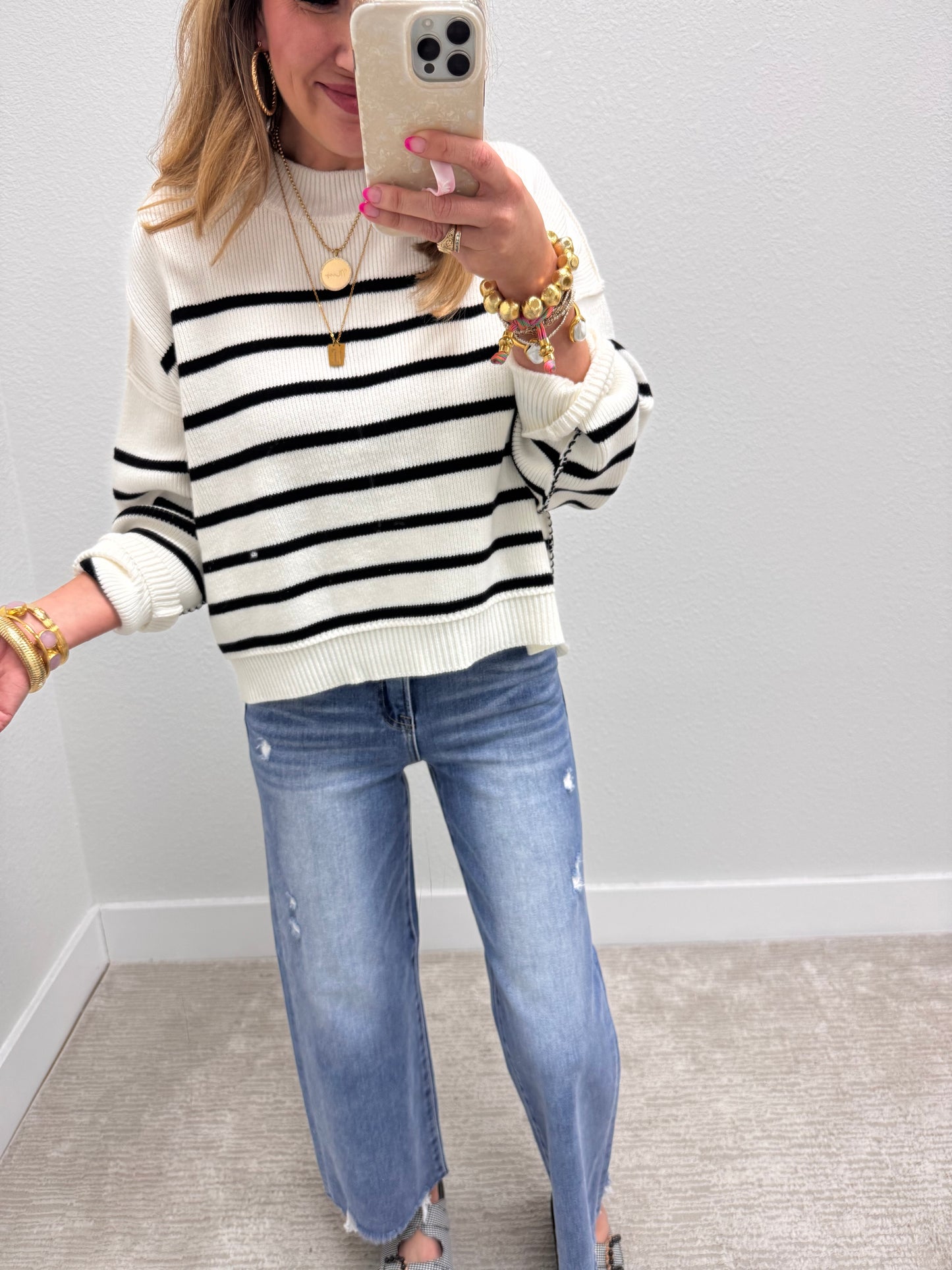 Ivory Striped Mock Neck Sweater